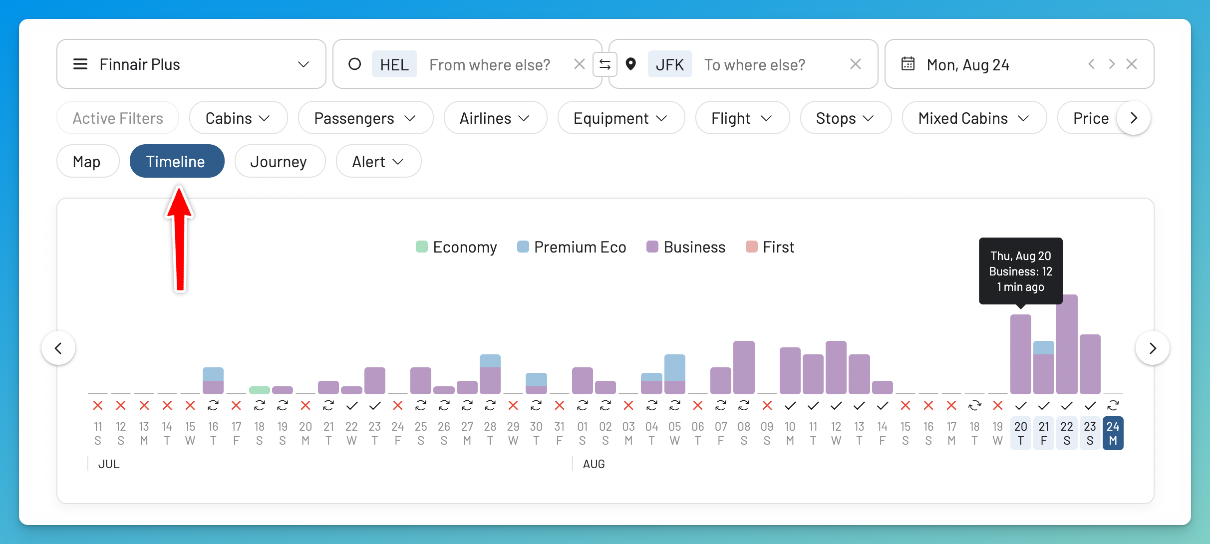 Use the Timeline View to see Finnair Plus award availability across multiple dates.