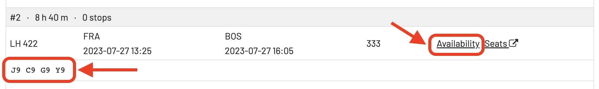 Flight Schedules availability pane showing seats per booking class code.