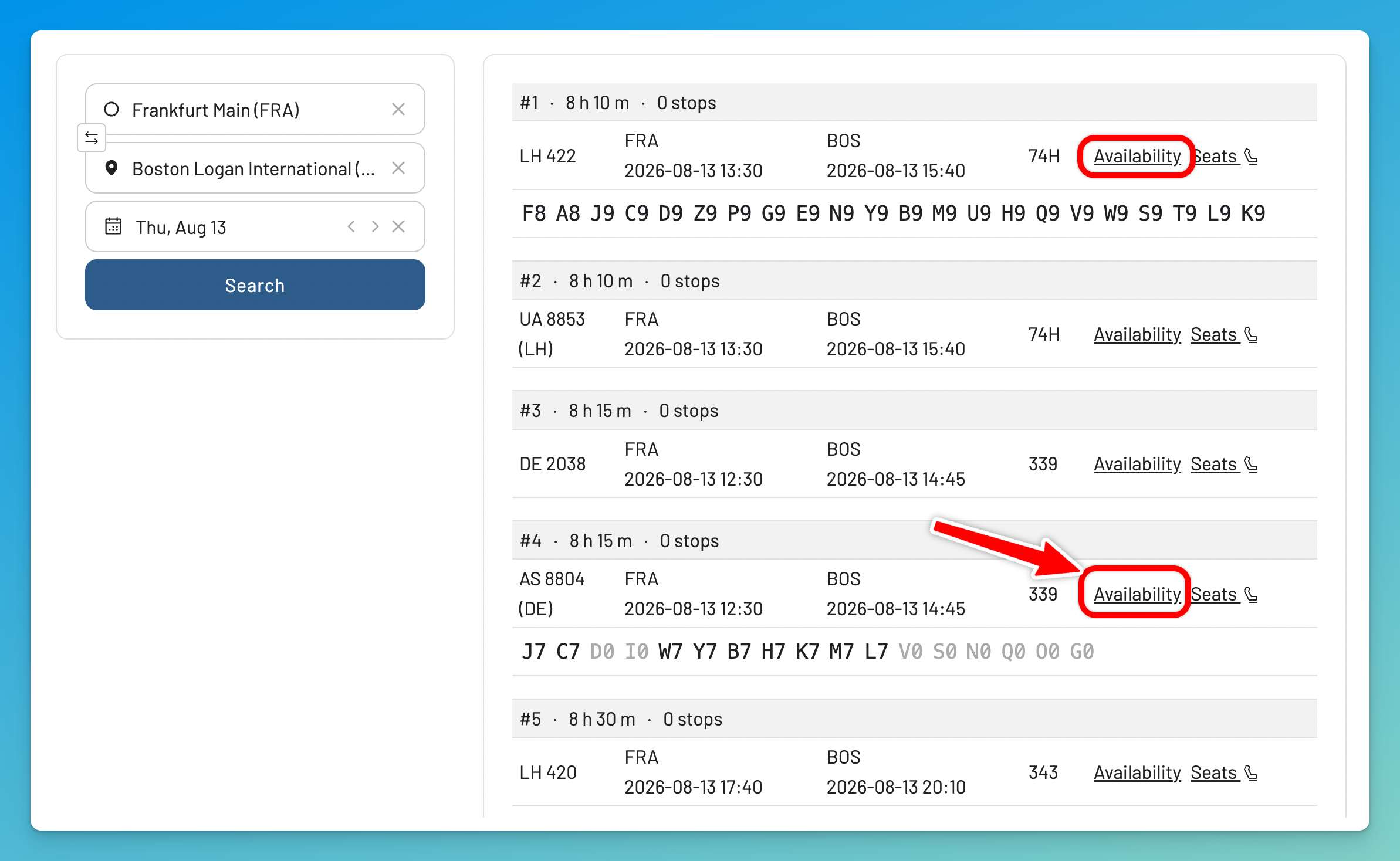 Flight Schedules availability pane showing seats per booking class code.