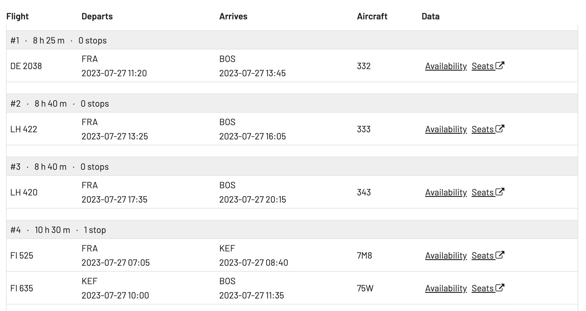 AwardFares Flight Schedules results showing direct and connecting flights.