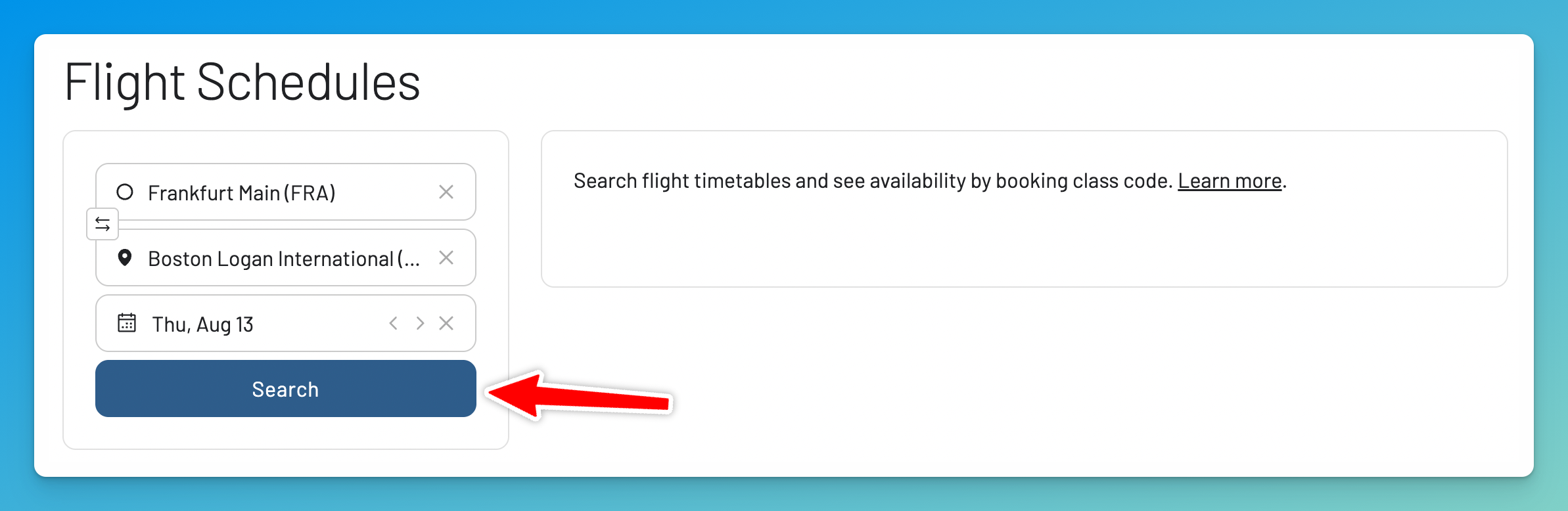 Searching for a flight from Frankfurt to Boston using the Flight Schedules Tool.