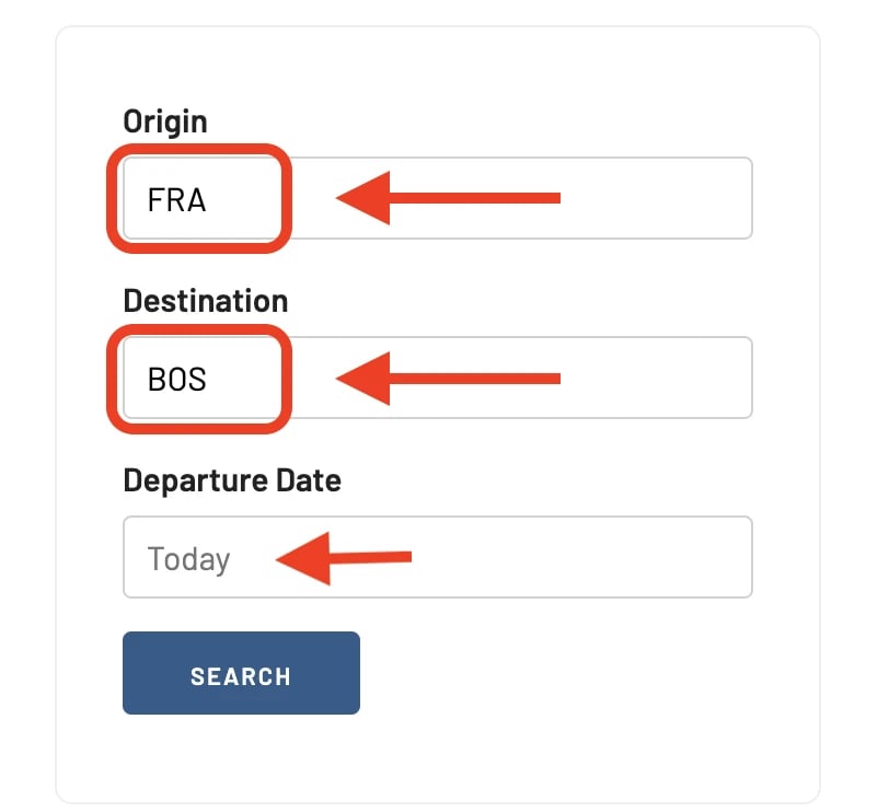 Searching for a flight from Frankfurt to Boston using the Flight Schedules Tool.