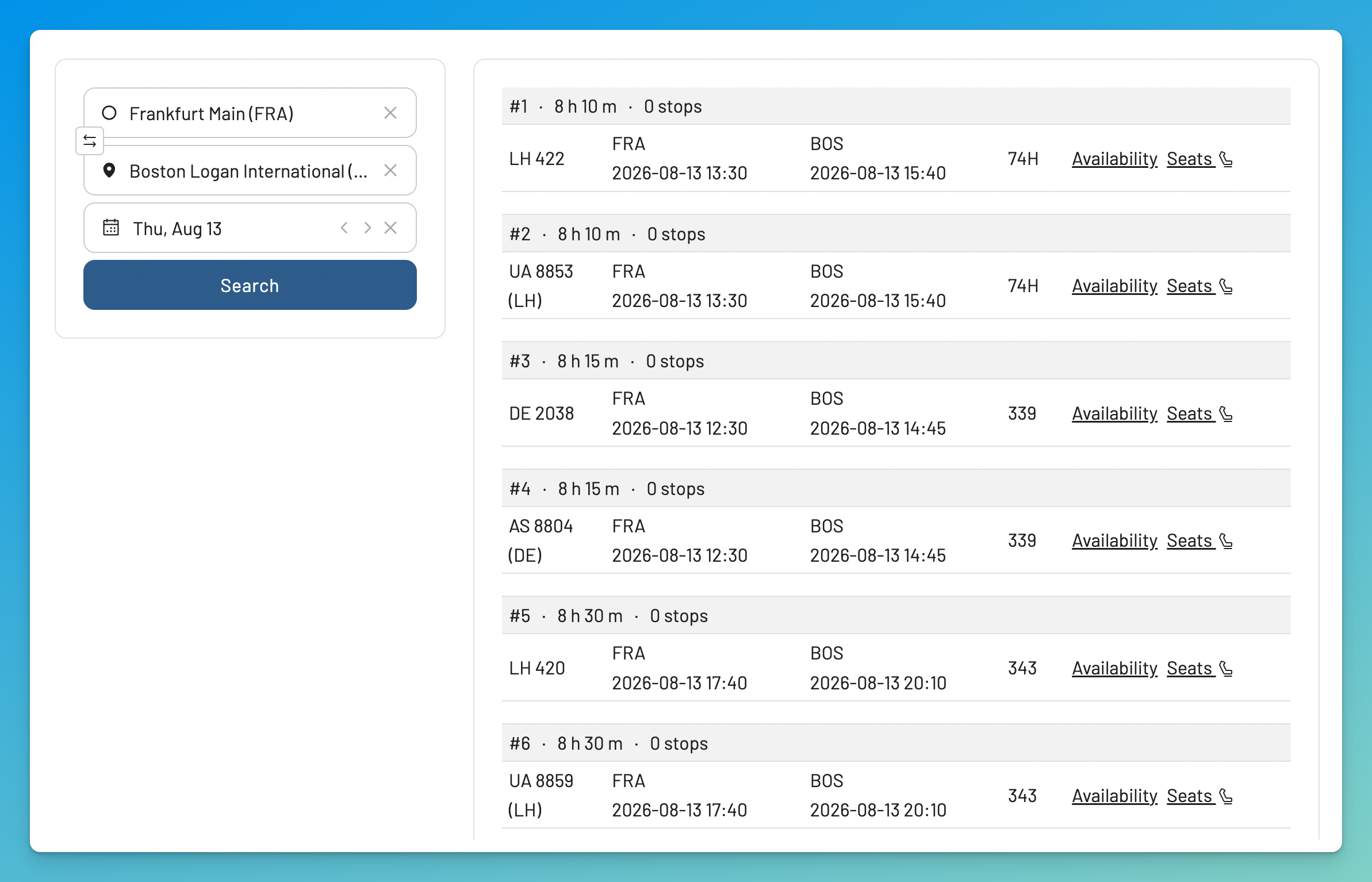 AwardFares Flight Schedules results showing direct and connecting flights.