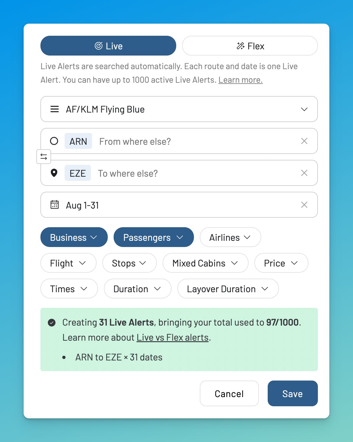 Setting up a Flying Blue award alert on AwardFares to get notified when prices drop.