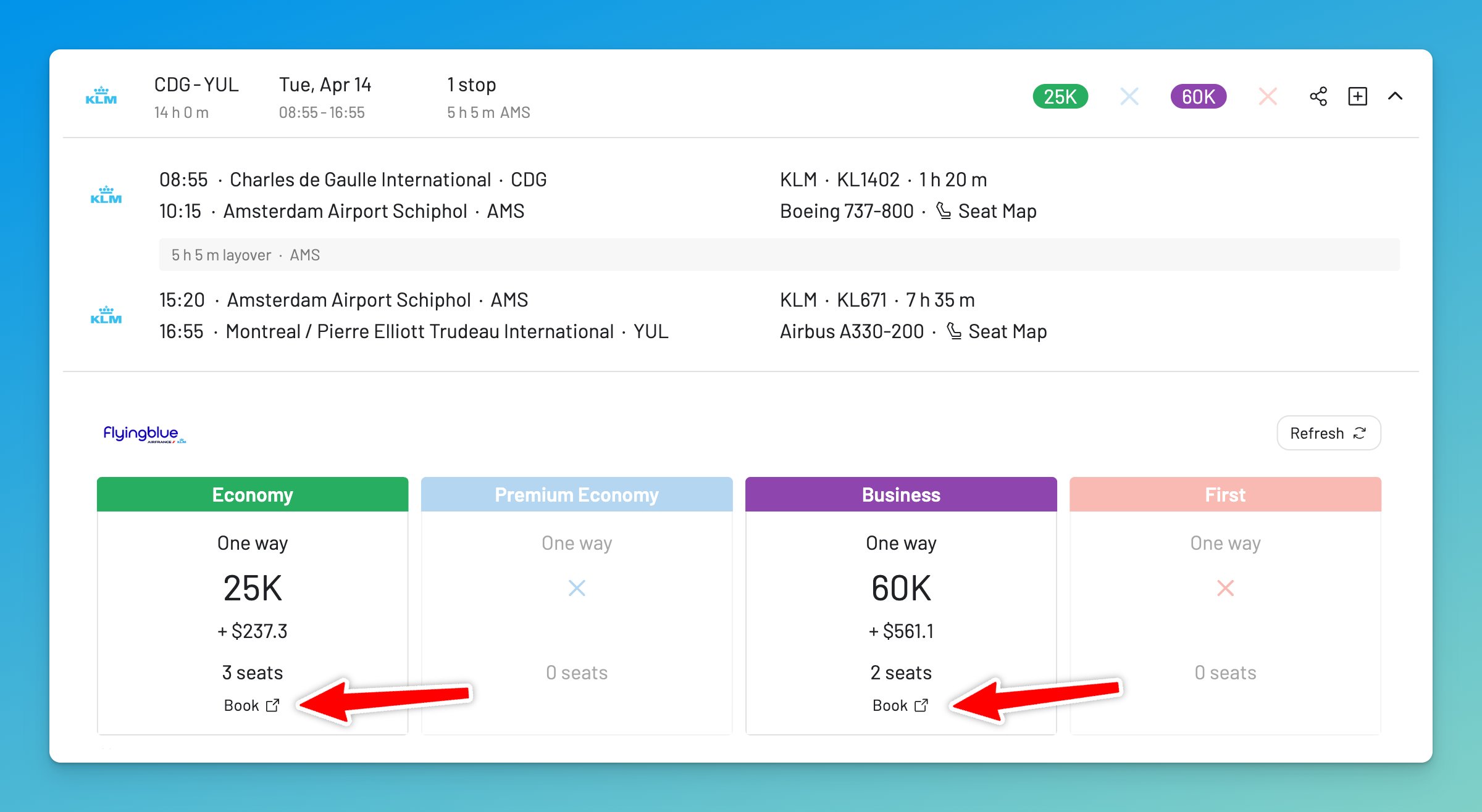 AwardFares redirects you to Air France website to book Flying Blue award flights.