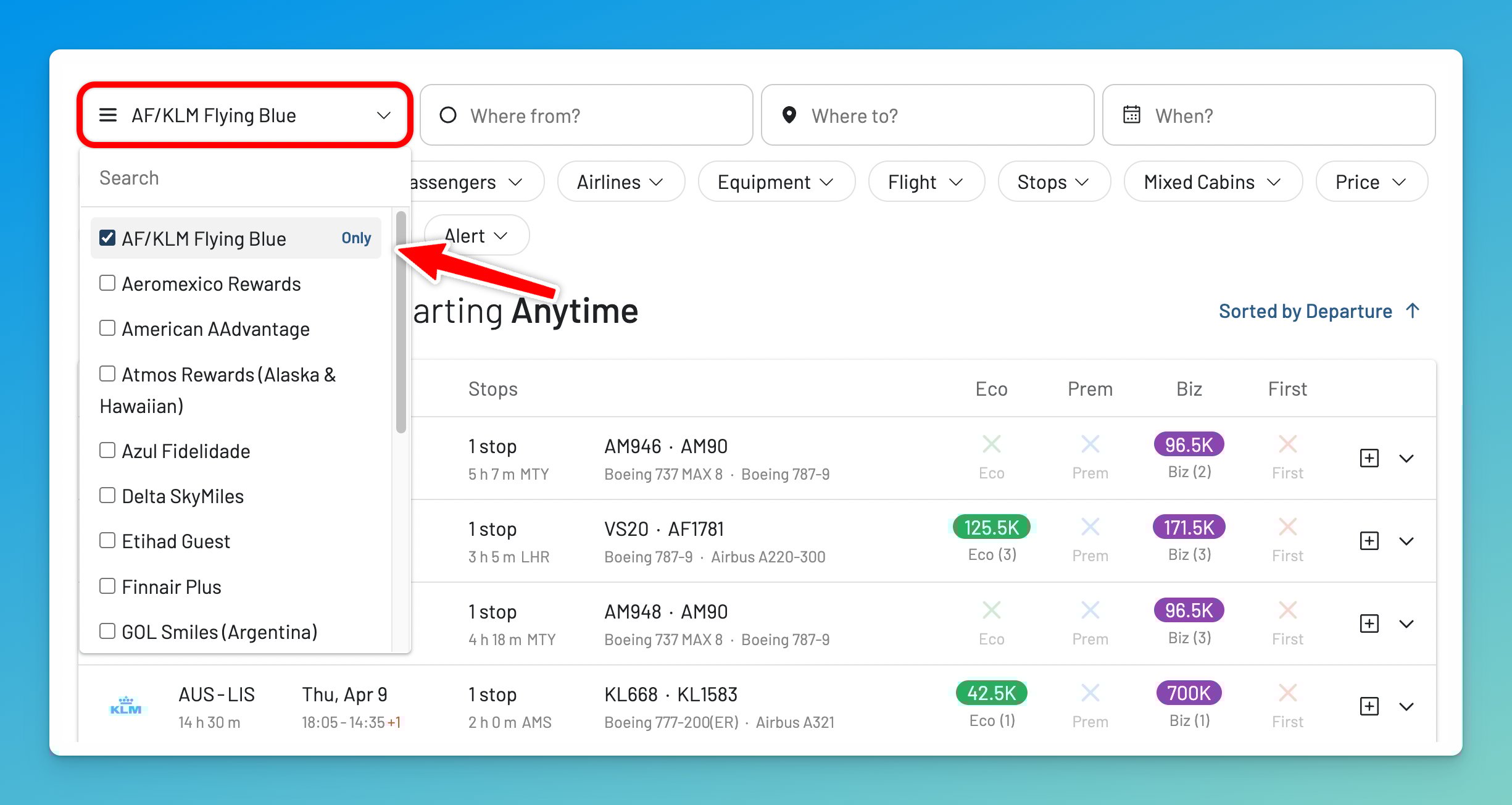 Select Flying Blue in AwardFares Frequent Flyer Program Picker.