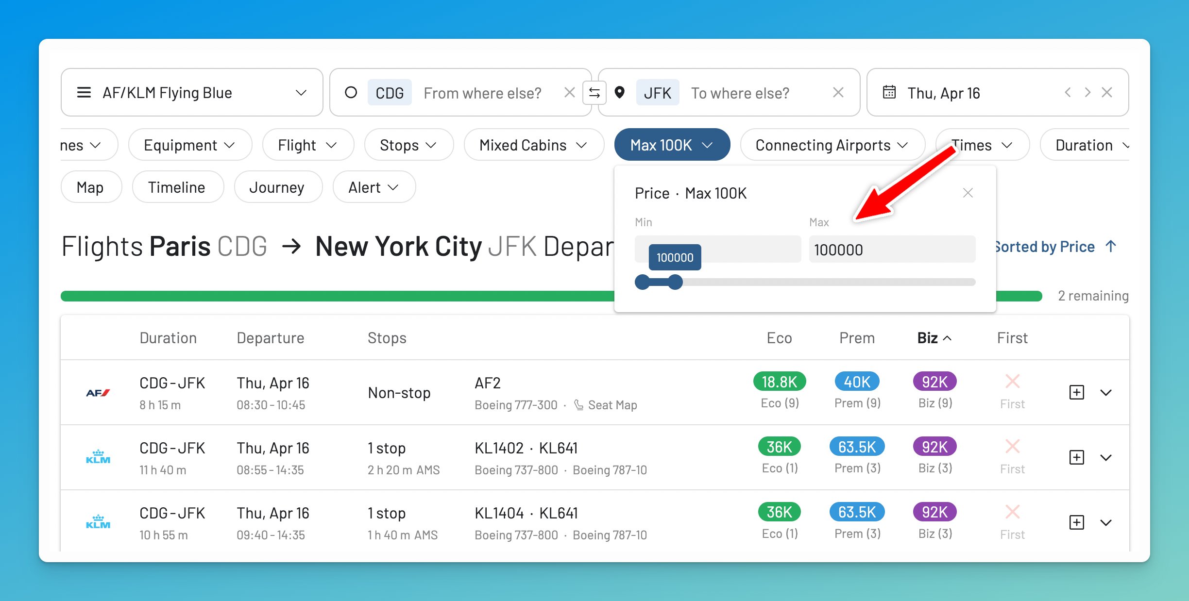 AwardFares Max Price filter set to limit Flying Blue search results by miles.