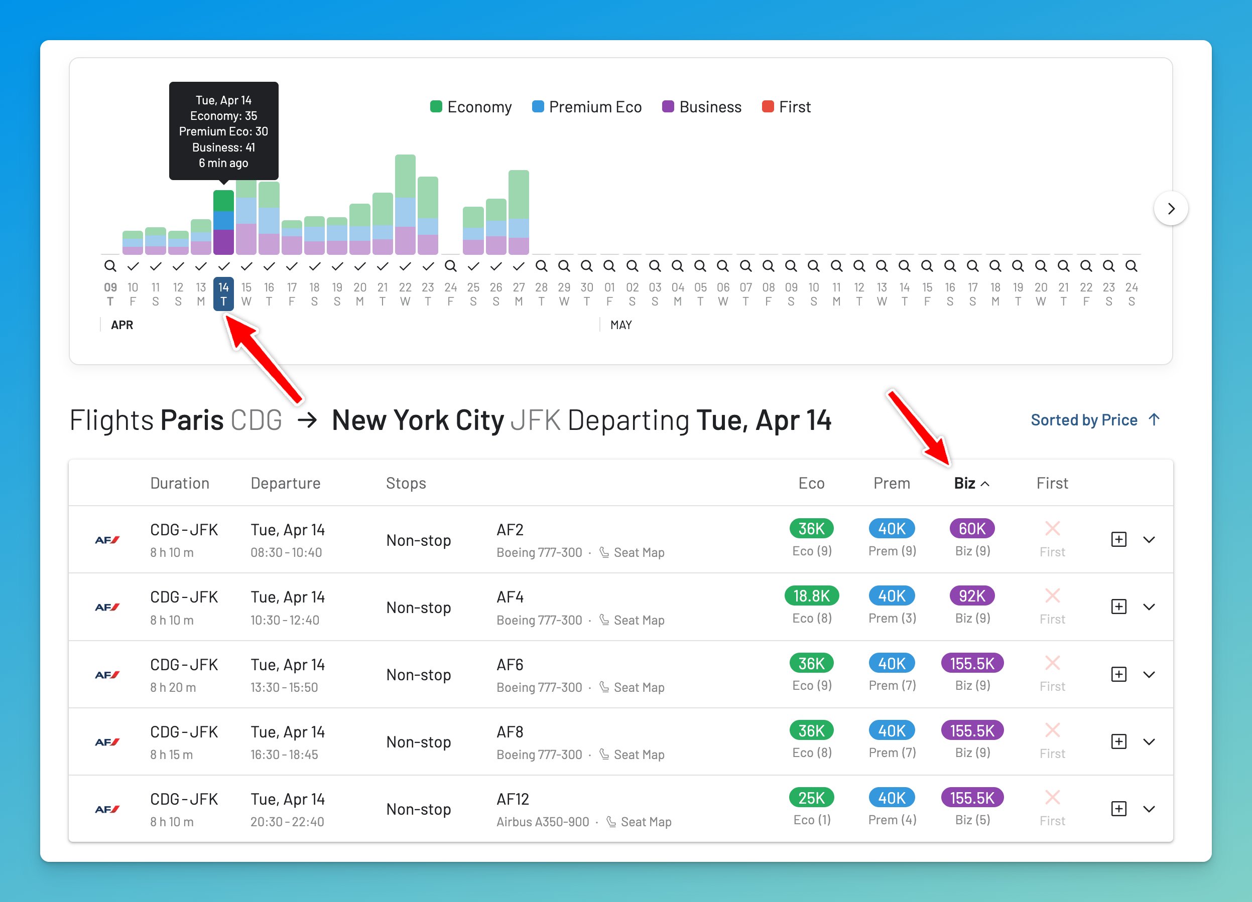 Flying Blue Timeline View showing lower award prices on a Tuesday departure.