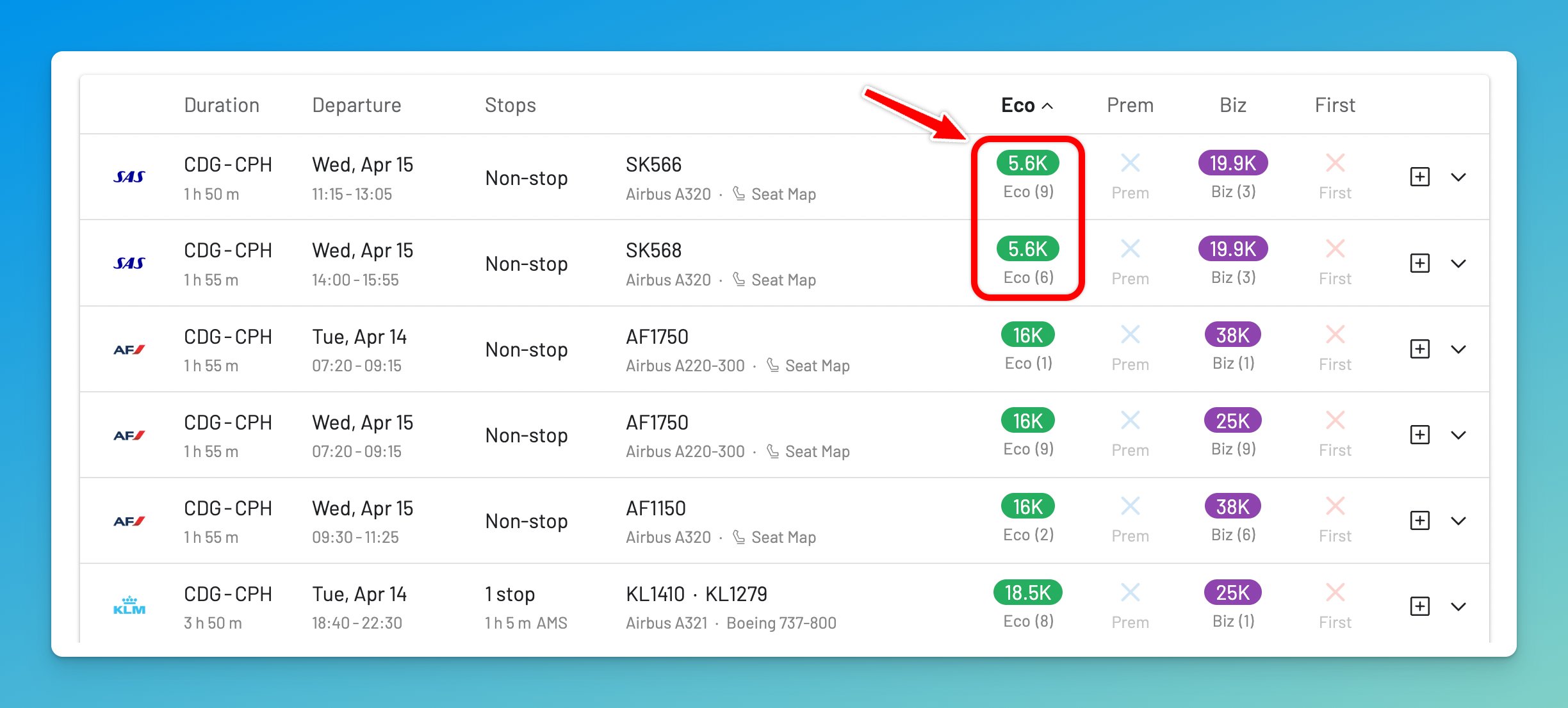 Real Flying Blue Promo Rewards search result on AwardFares showing discounted Business Class award pricing.
