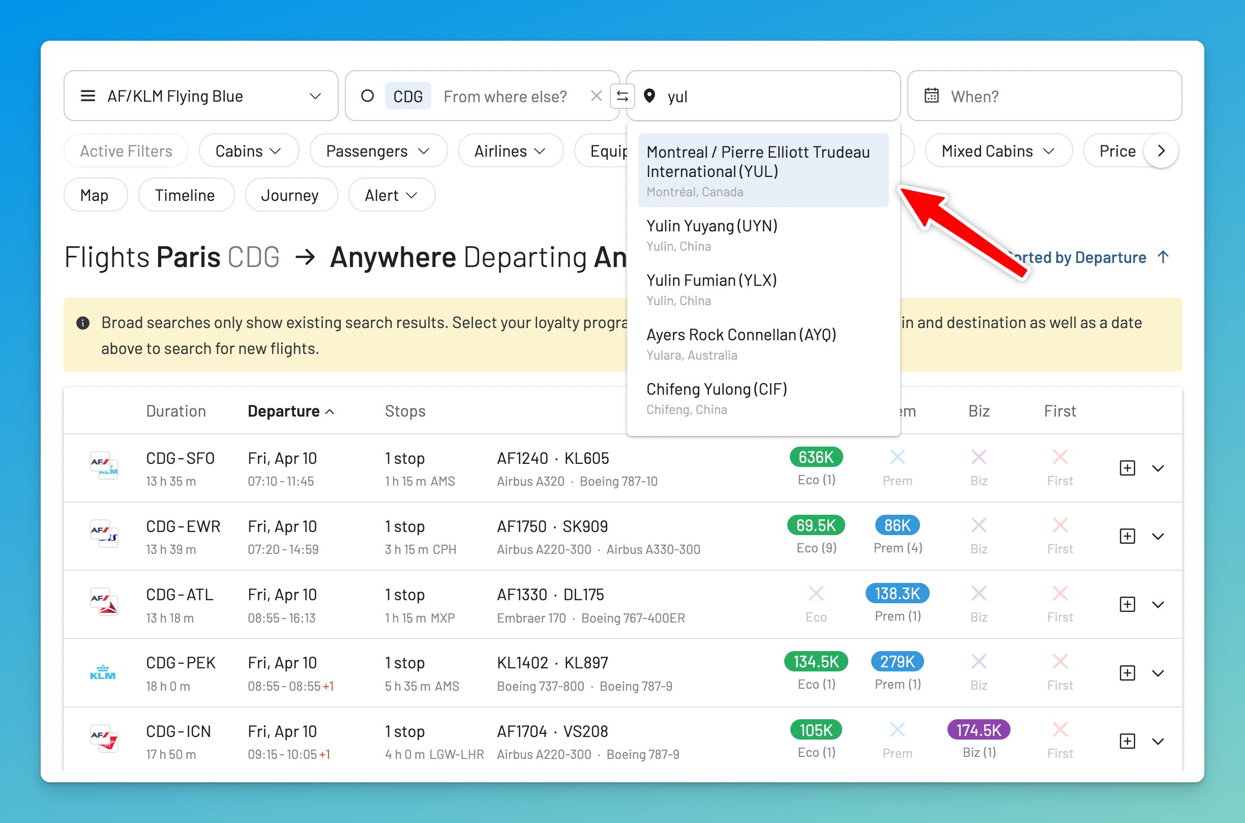 Select the origin and destination city in AwardFares.