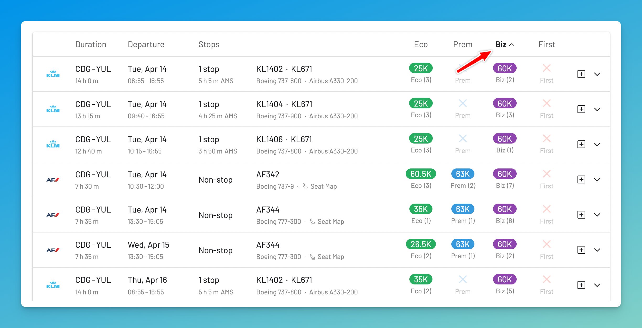 Sort Flying Blue award flights by price on AwardFares.