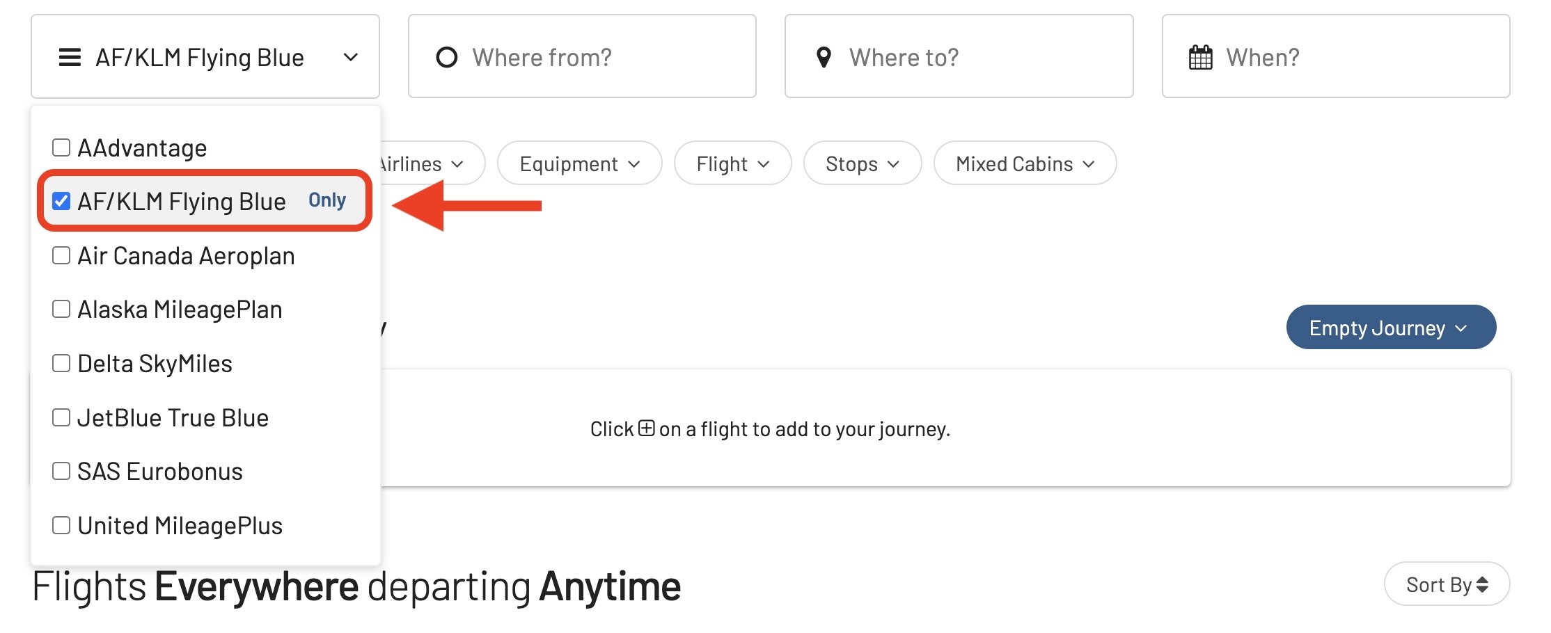 Select Frequent Flyer Program in AwardFares.