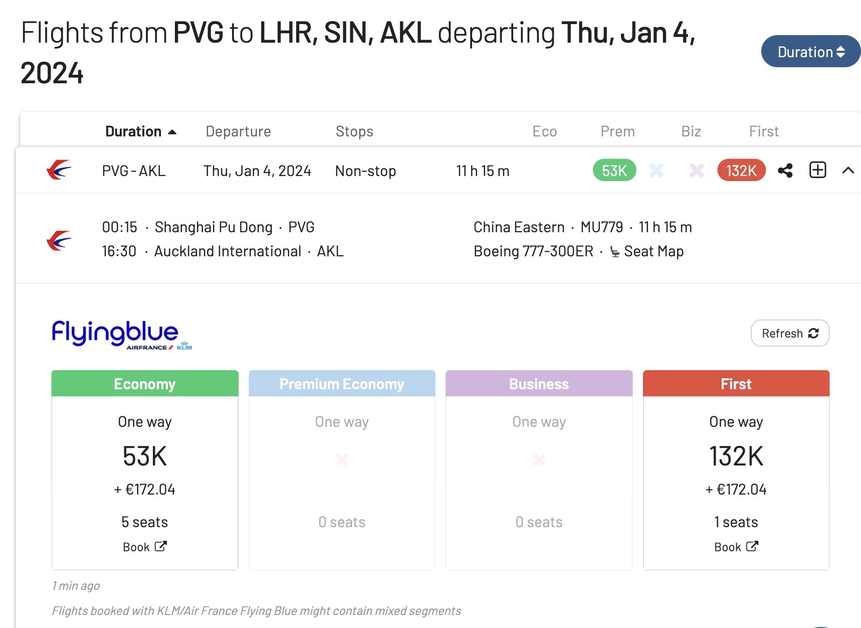 Sort by price in AwardFares.