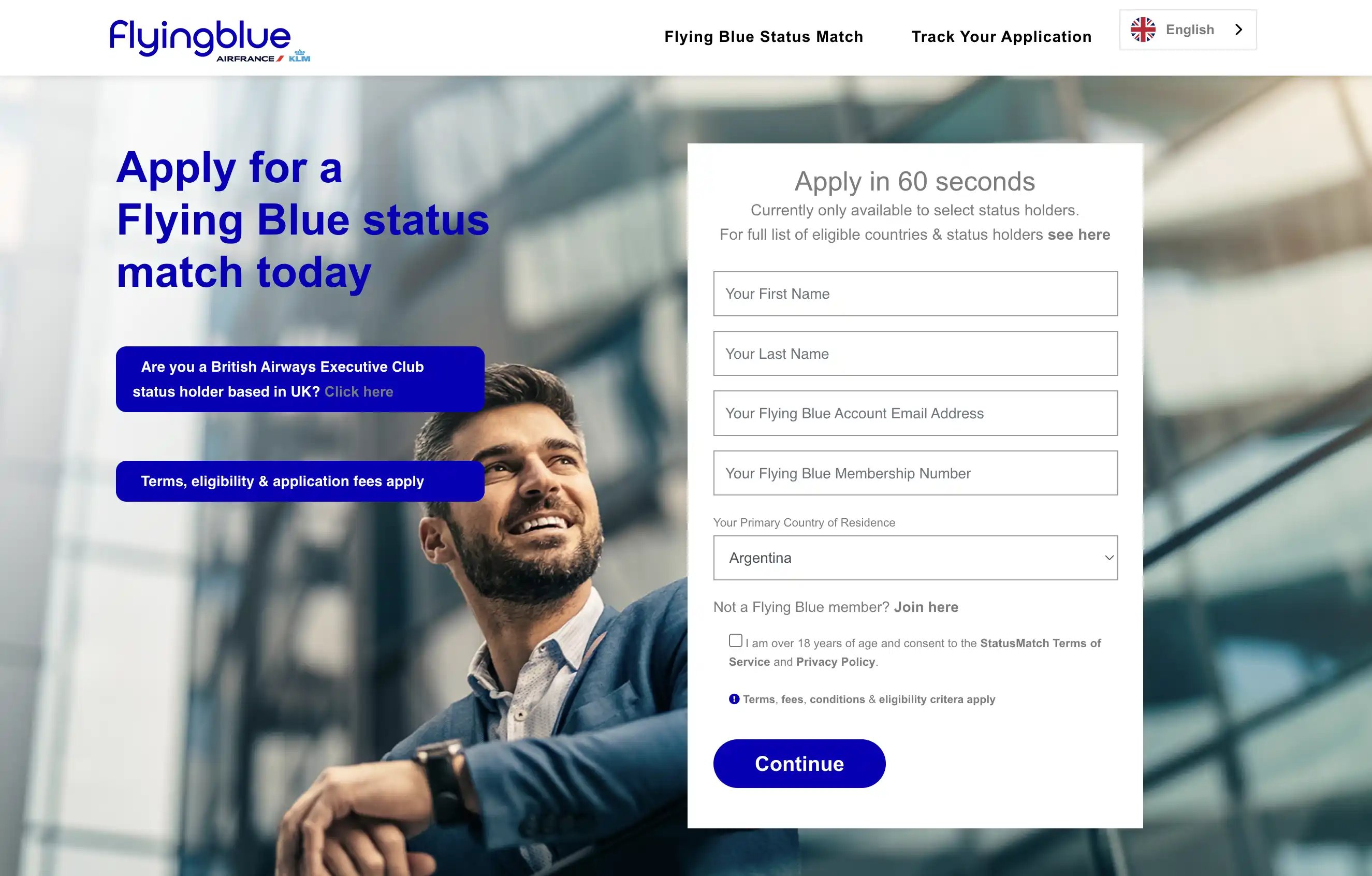 FlyingBlue Status Match application page