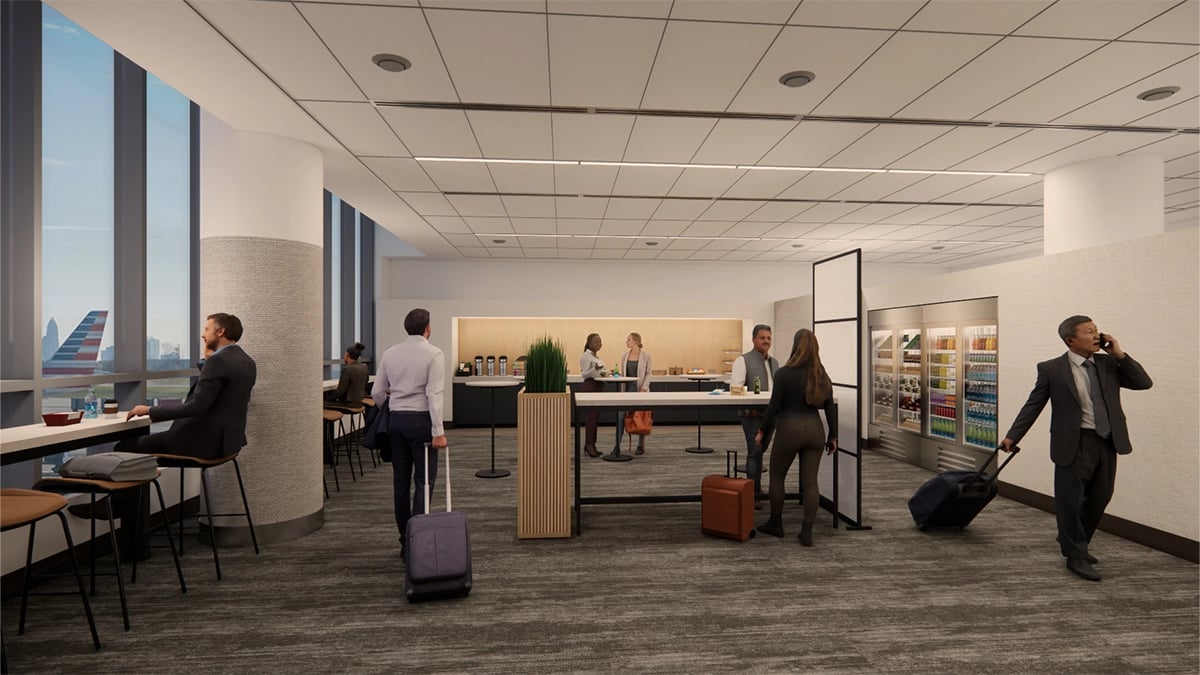 A modern grab-and-go airport lounge with pre-packaged food and coffee stations.