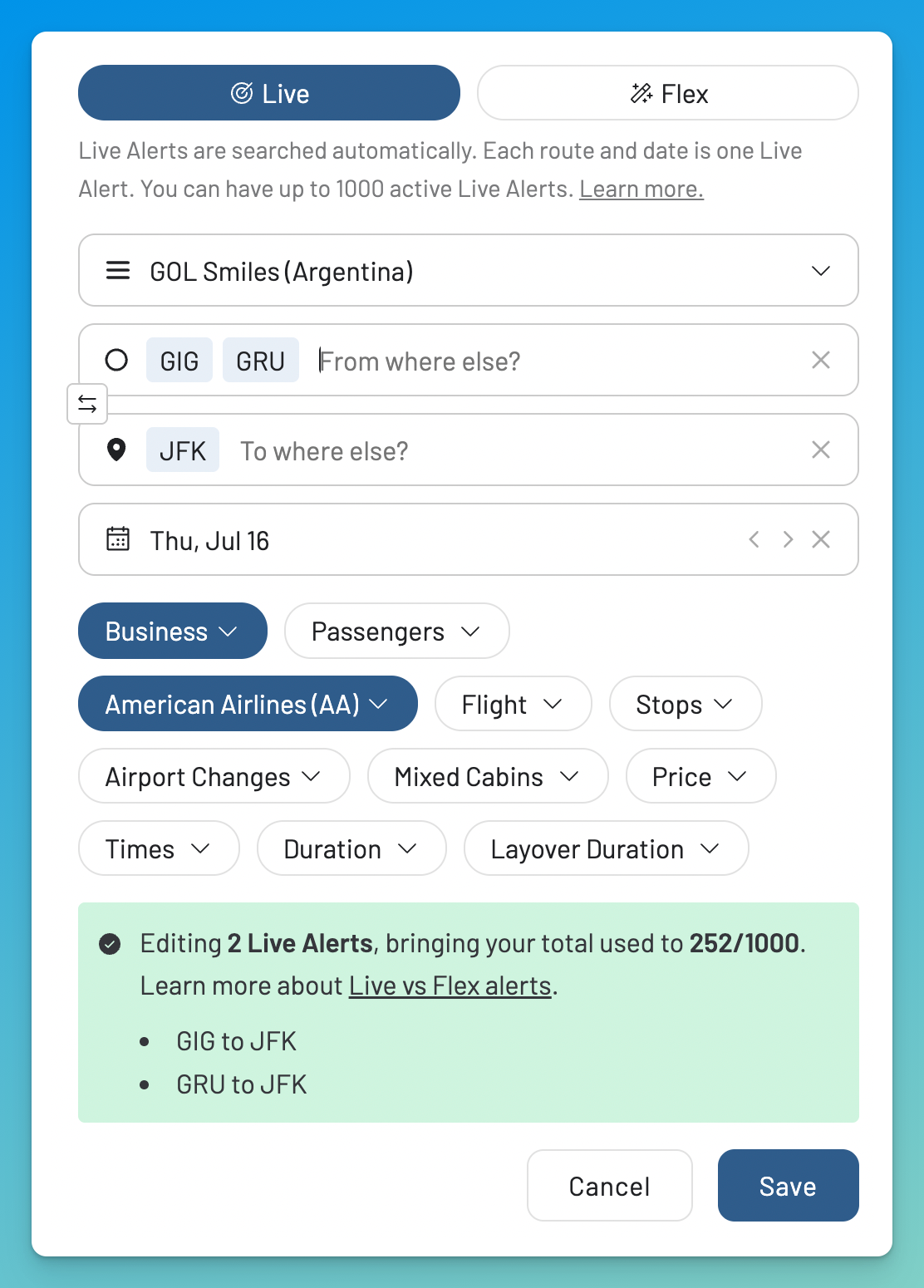 Set up an availability alert for GOL Smiles Argentina award flights in AwardFares.