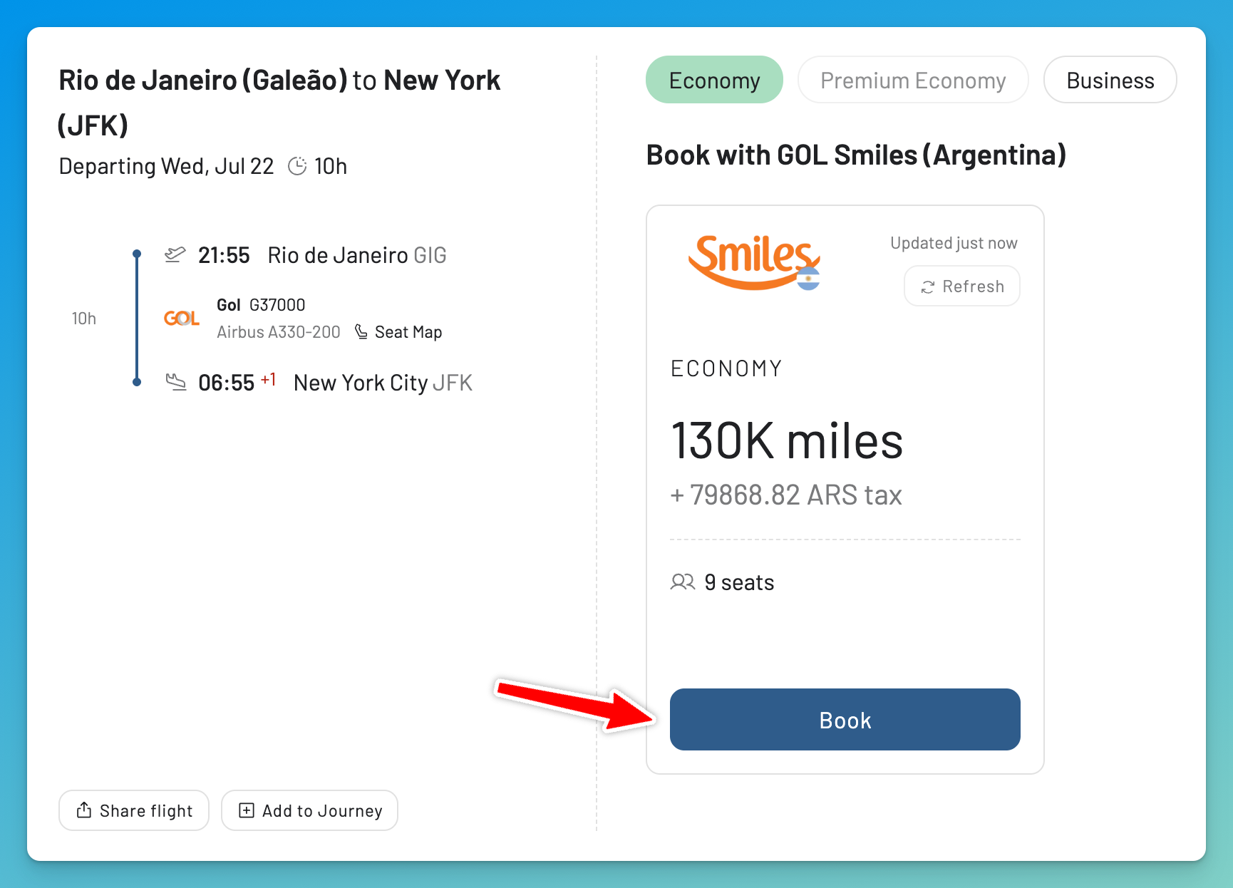 AwardFares redirects you to the Smiles Argentina website to book award flights.