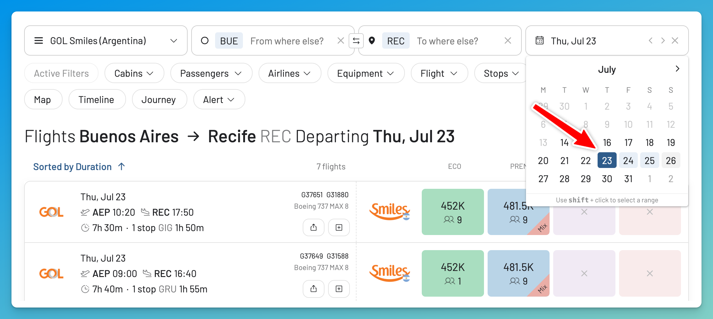 Select the desired date to find Smiles Argentina award flights in AwardFares.