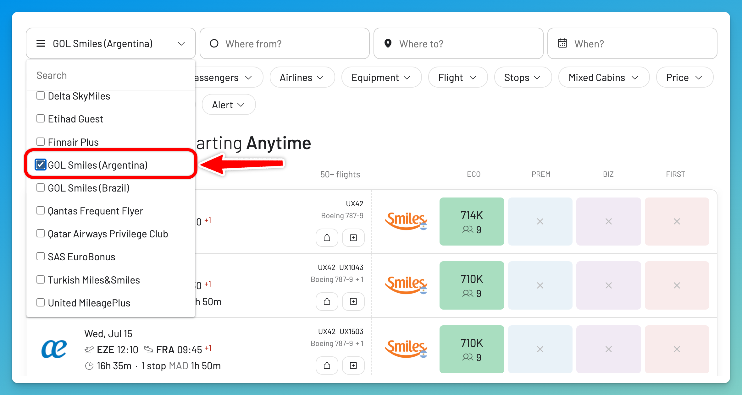 Select GOL Smiles Argentina in the AwardFares frequent flyer program picker.