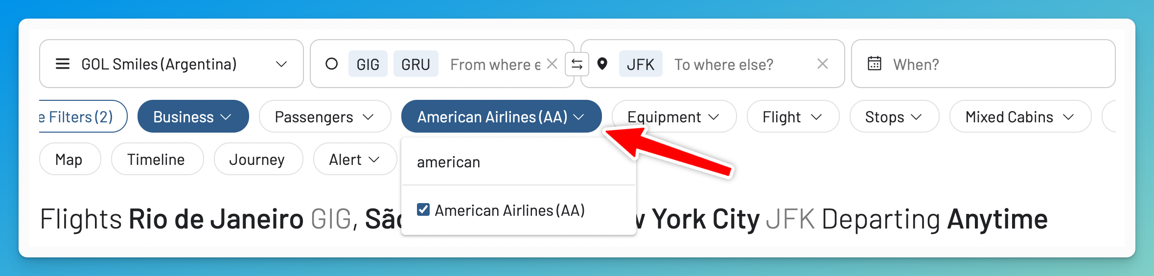 Filter GOL Smiles Argentina award flights by cabin, airline, or stops in AwardFares.