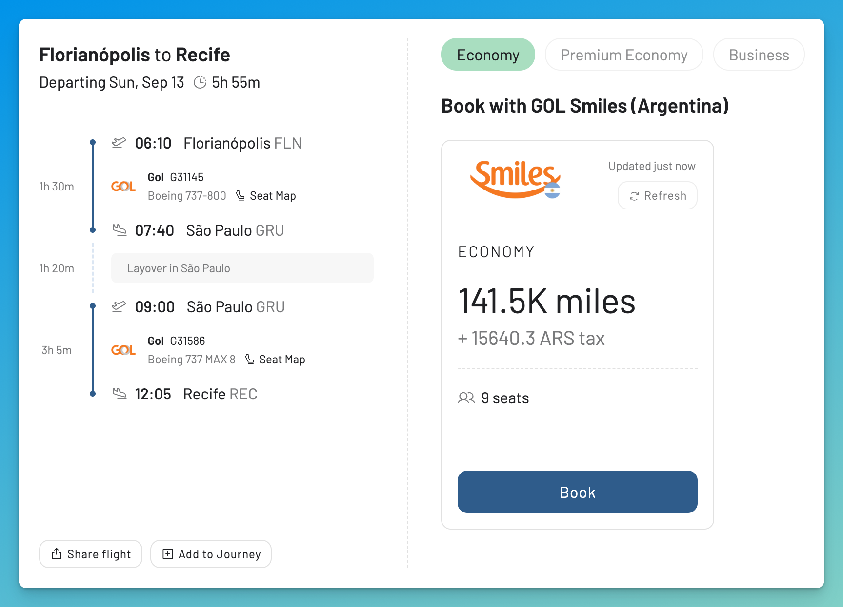 GOL Smiles Argentina result showing a two-segment Economy itinerary from Florianópolis to Recife for 141,500 miles.