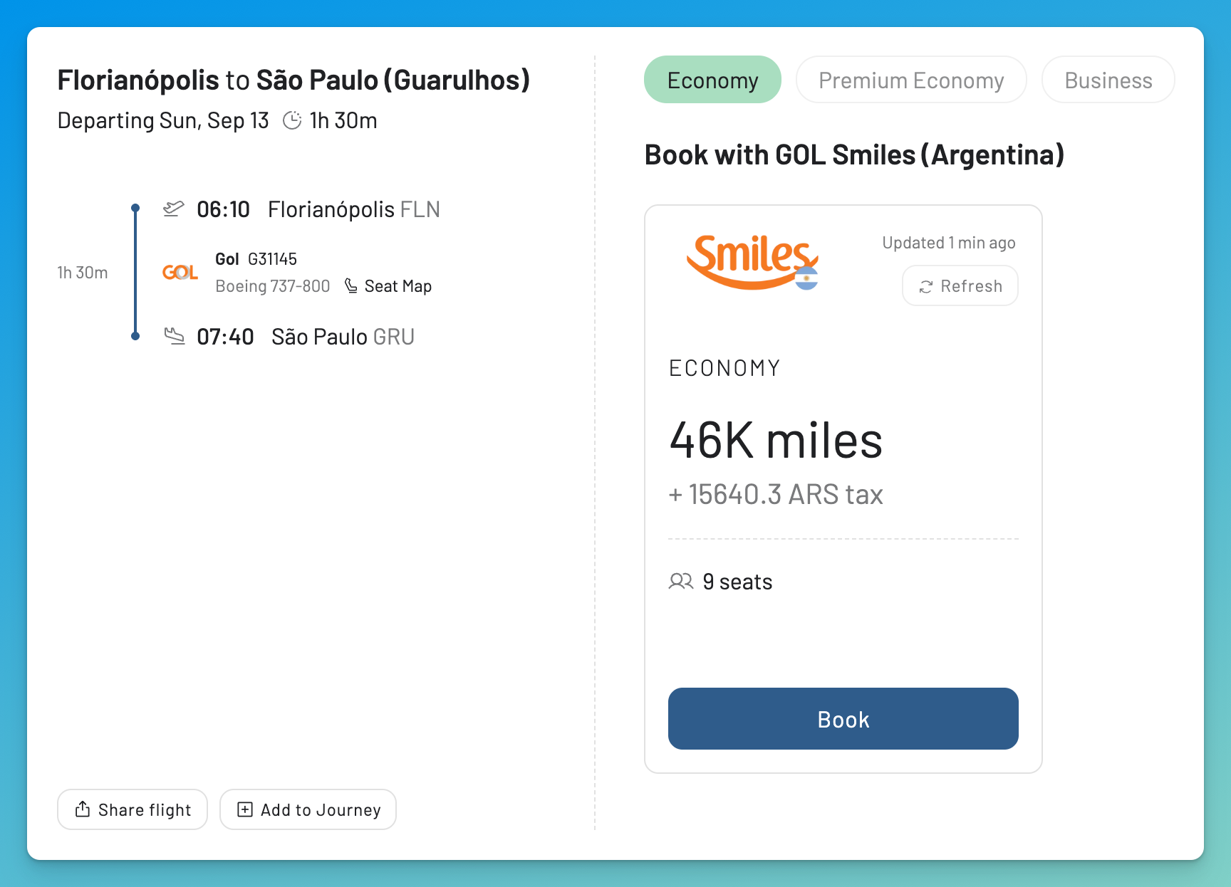 GOL Smiles Argentina result showing a two-segment Economy itinerary from Florianópolis to Recife for 141,500 miles.
