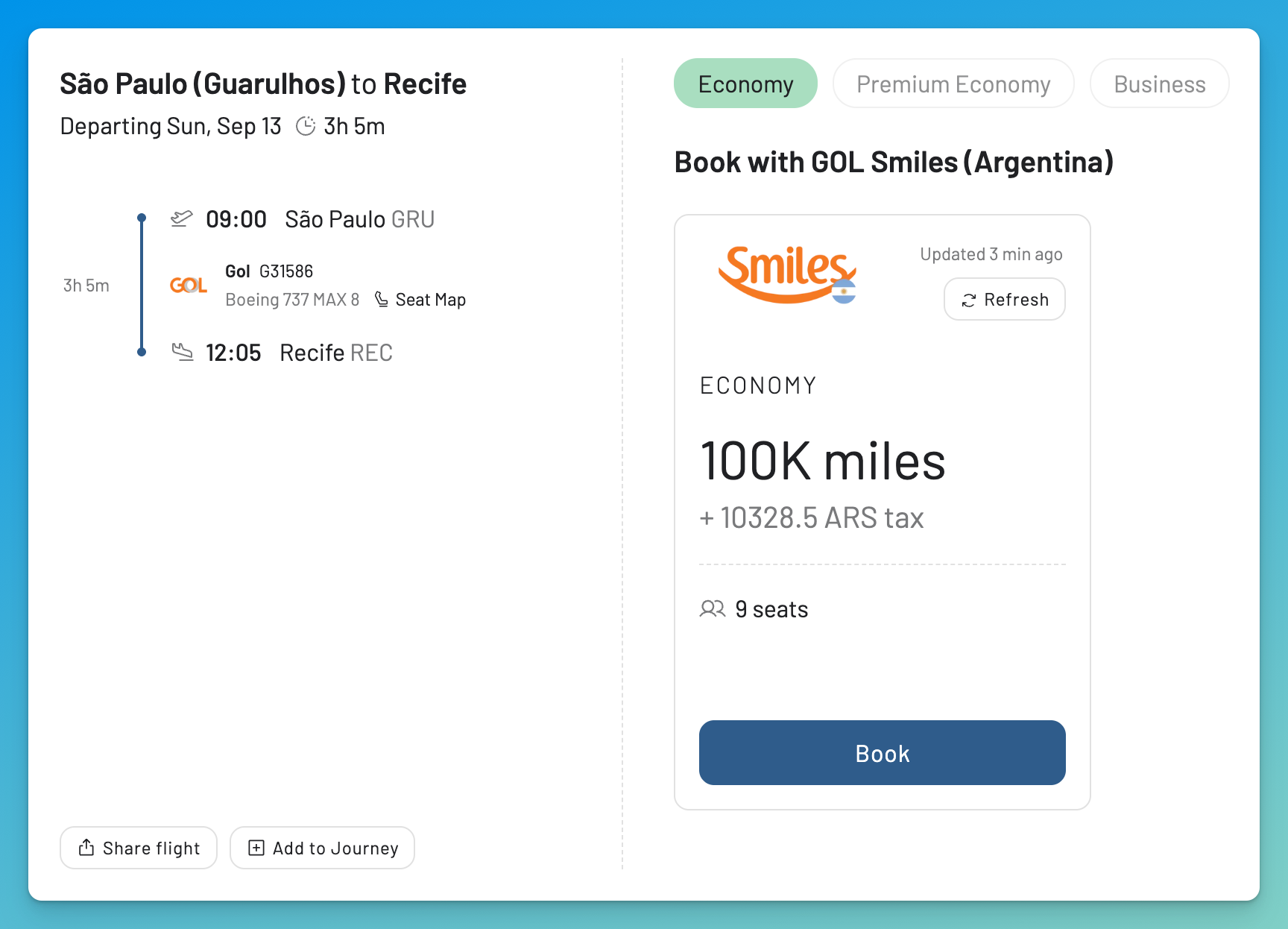 GOL Smiles Argentina result showing a two-segment Economy itinerary from Florianópolis to Recife for 141,500 miles.