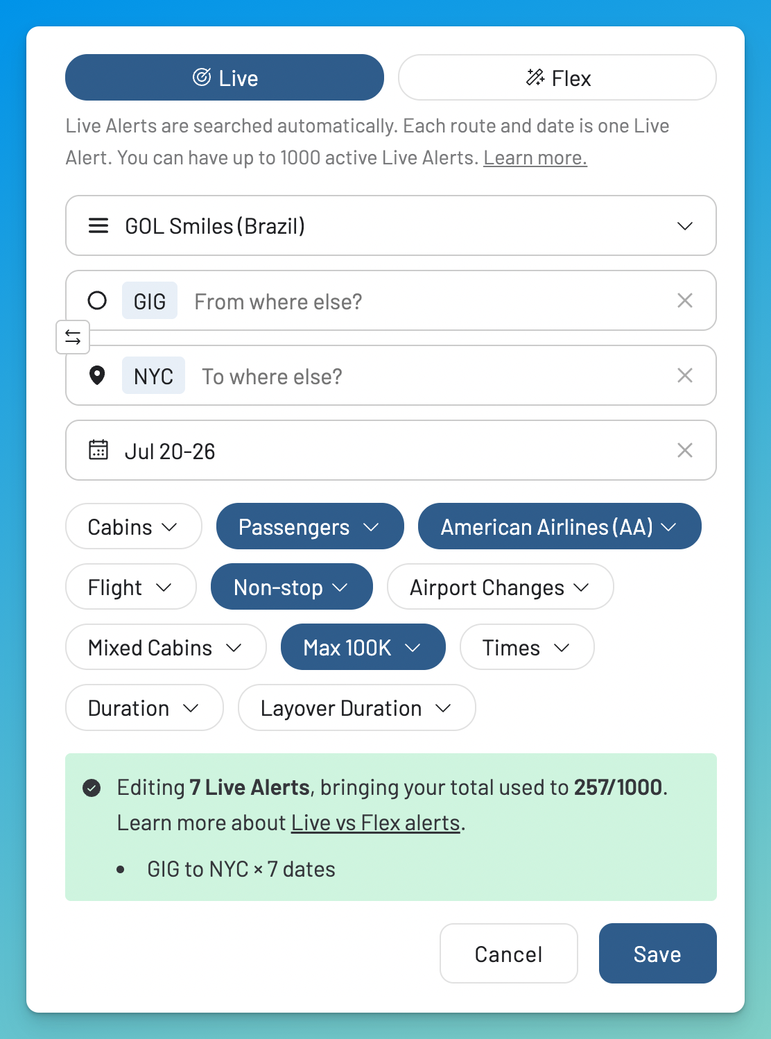 AwardFares Live Alert setup for GOL Smiles award flights from Rio de Janeiro to New York across seven dates.