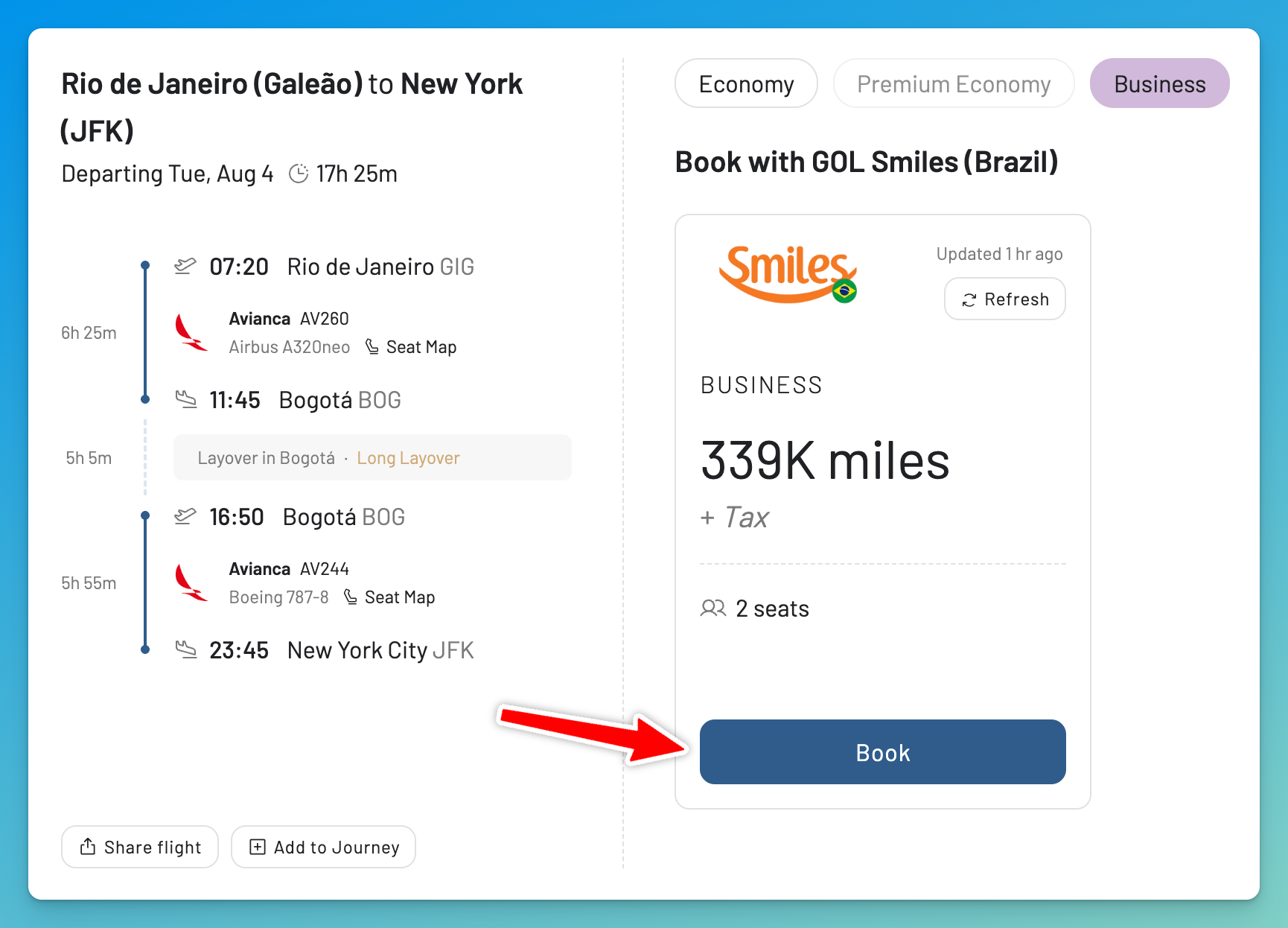 Booking button for continuing from an AwardFares result to Smiles.