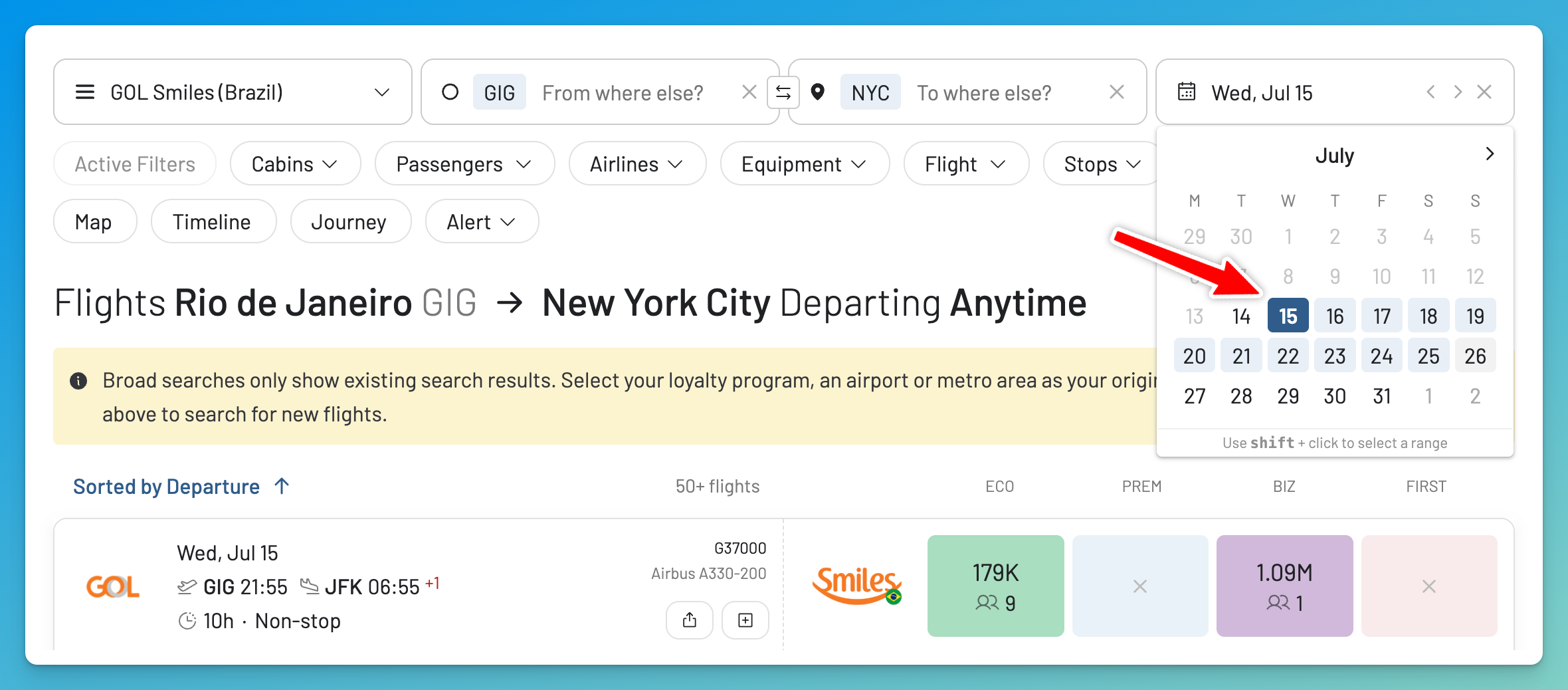 AwardFares calendar for selecting a GOL Smiles travel date.