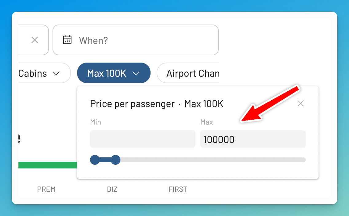 Maximum mileage price filter applied to a GOL Smiles search.