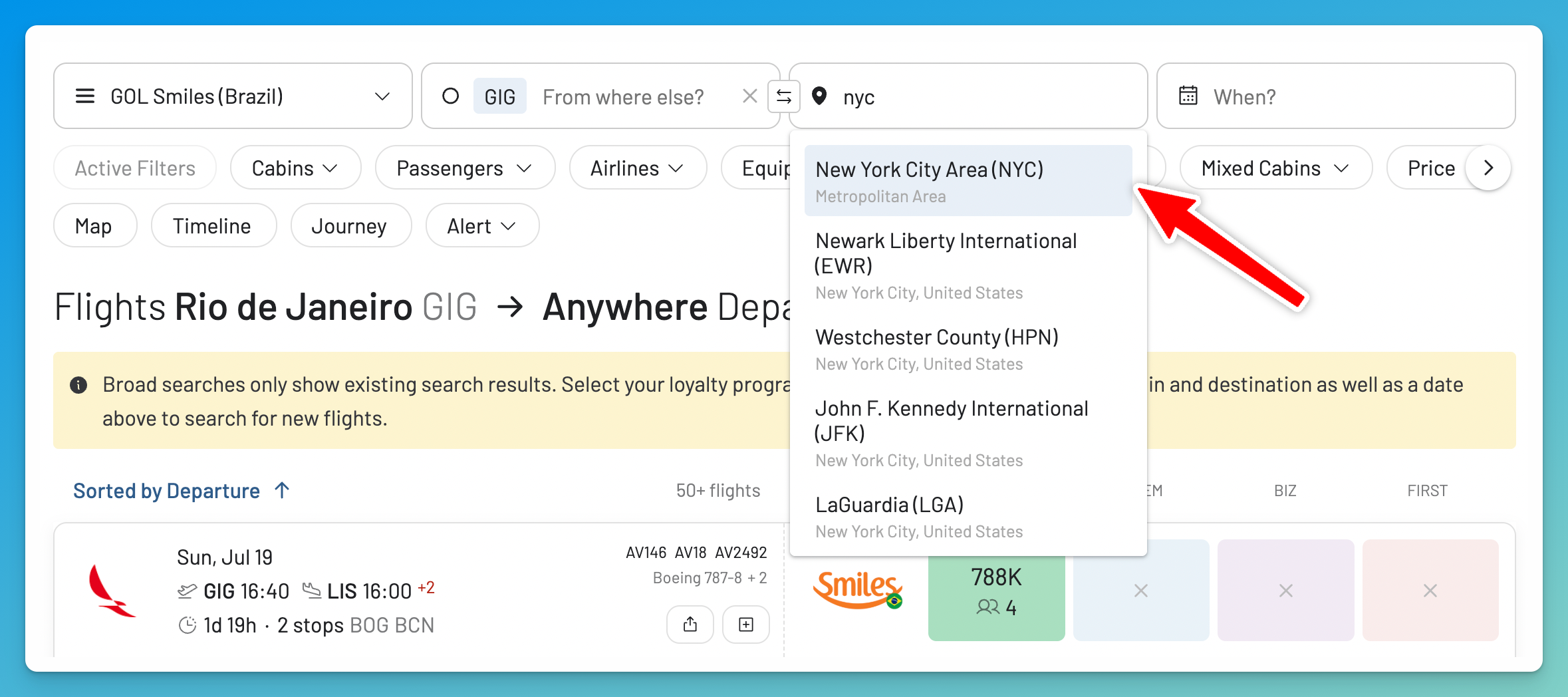 Rio de Janeiro to New York route entered in an AwardFares GOL Smiles search.