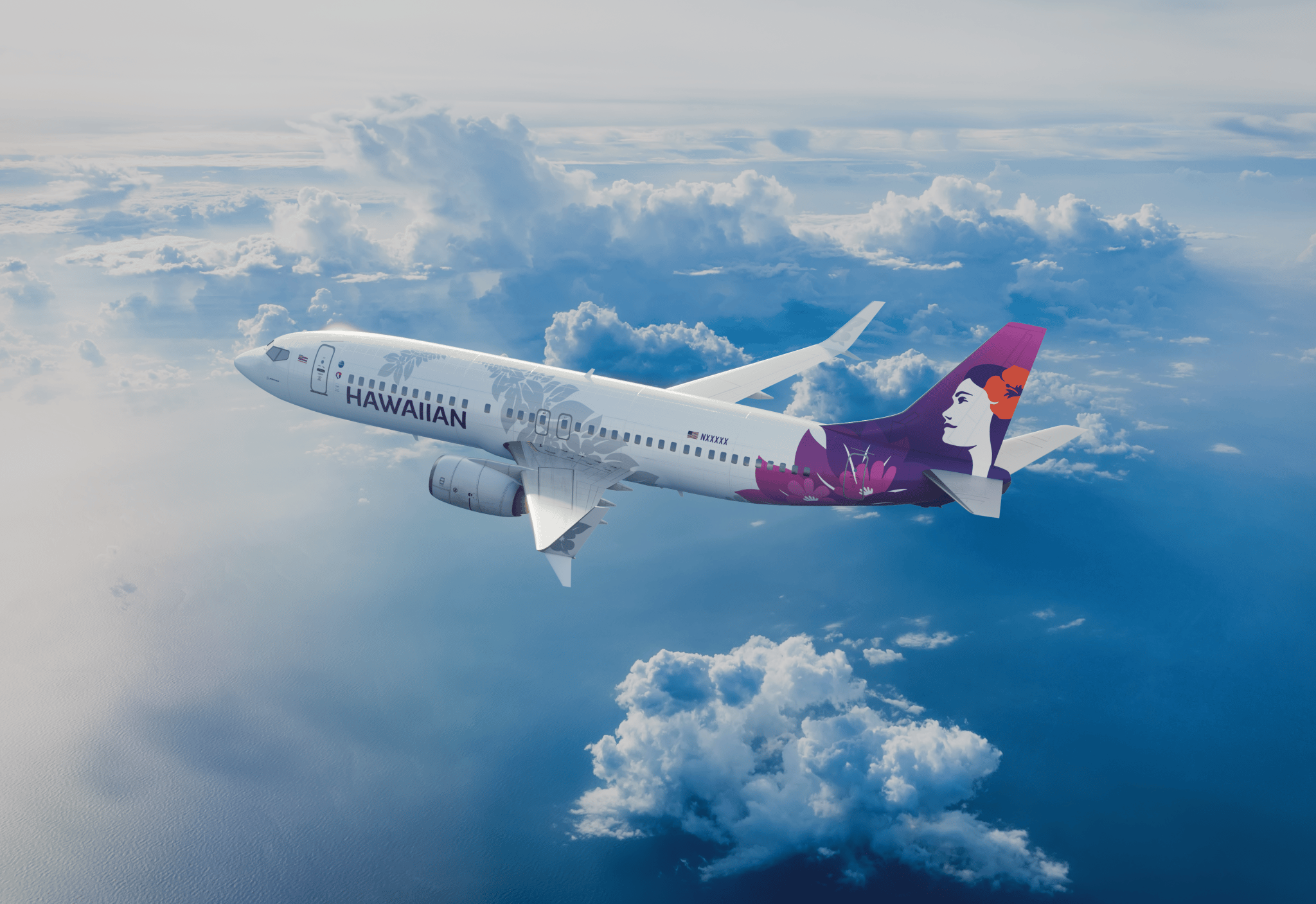 Rendering of the new Hawaiian-branded Boeing 737-800, showing the tail livery with the pualani logo.