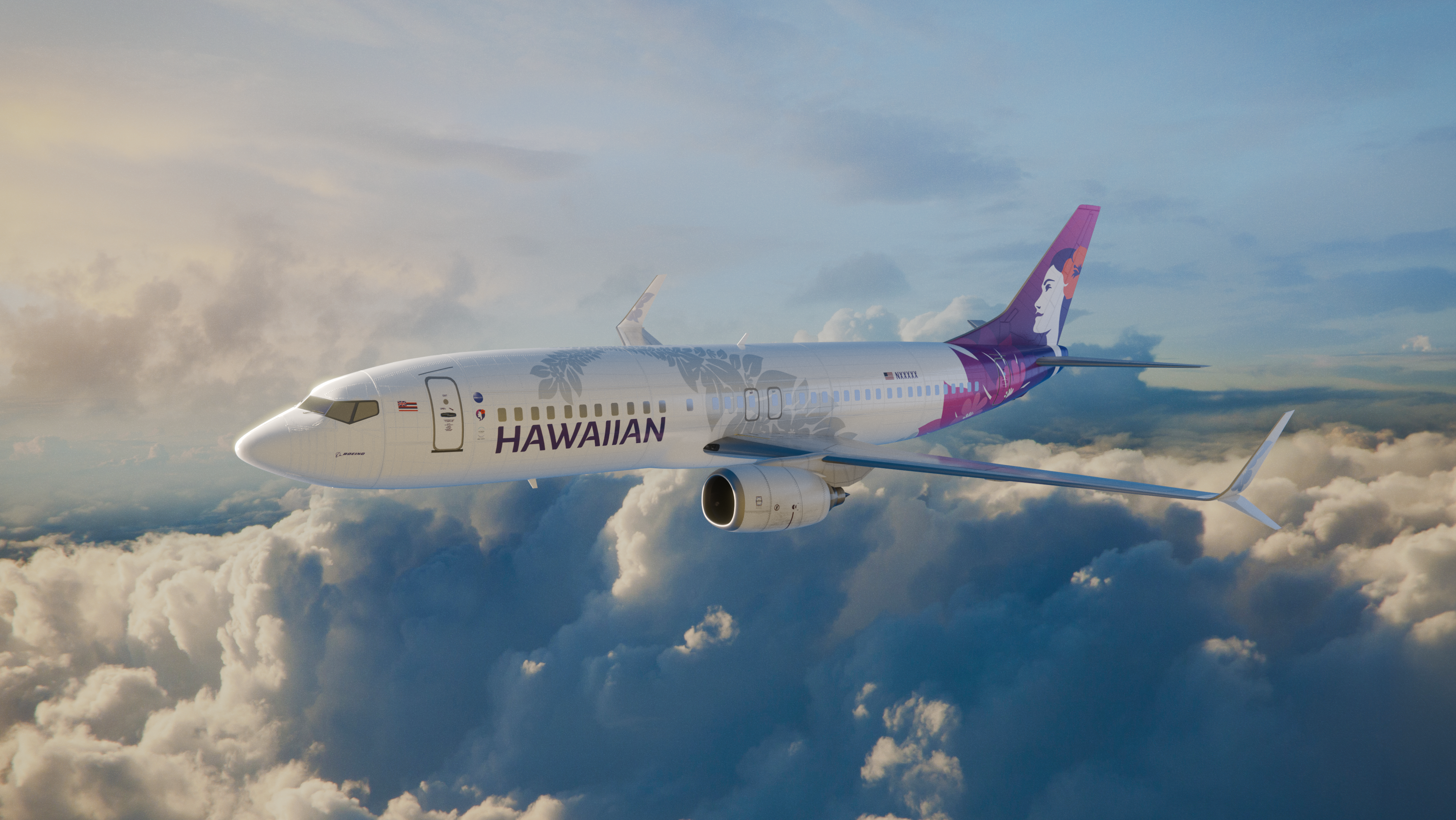 Rendering of the new Hawaiian-branded Boeing 737-800 in flight above the clouds.