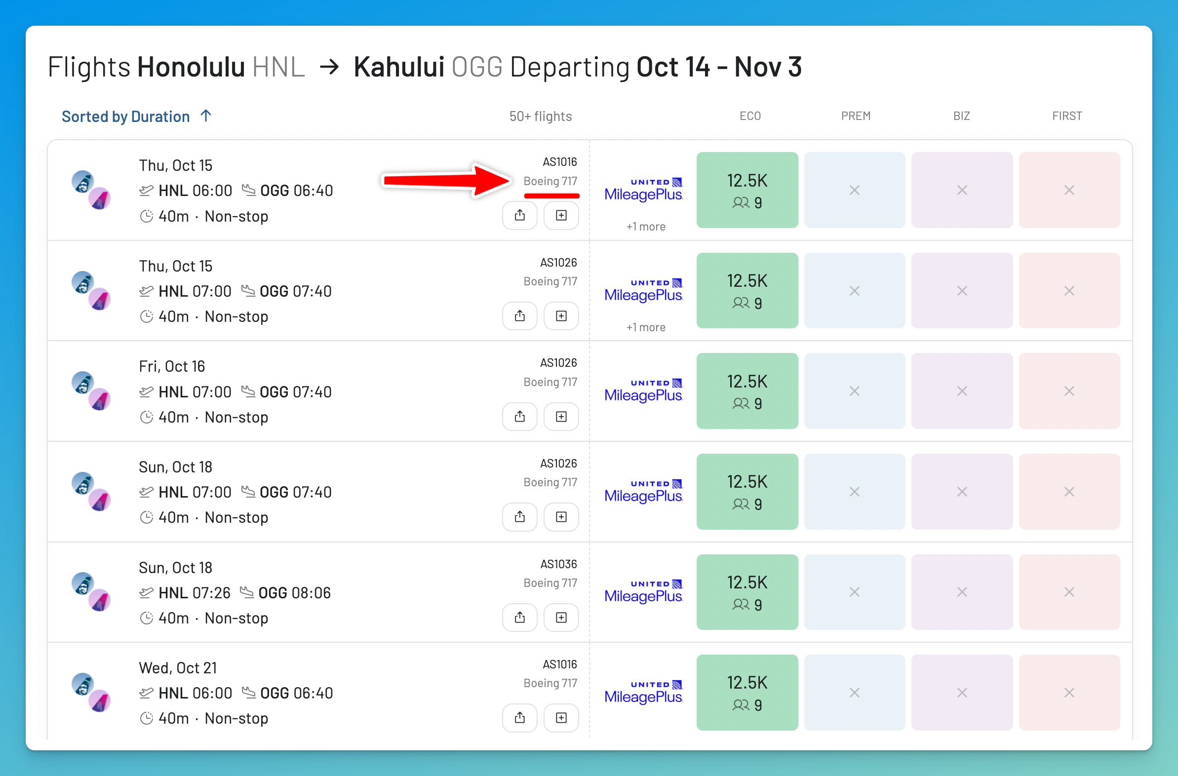 AwardFares search for Honolulu to Kahului showing every flight from October 14 to November 3, 2026 still scheduled on the Boeing 717, priced at 12.5K United MileagePlus miles in Economy with no Premium, Business, or First Class availability.