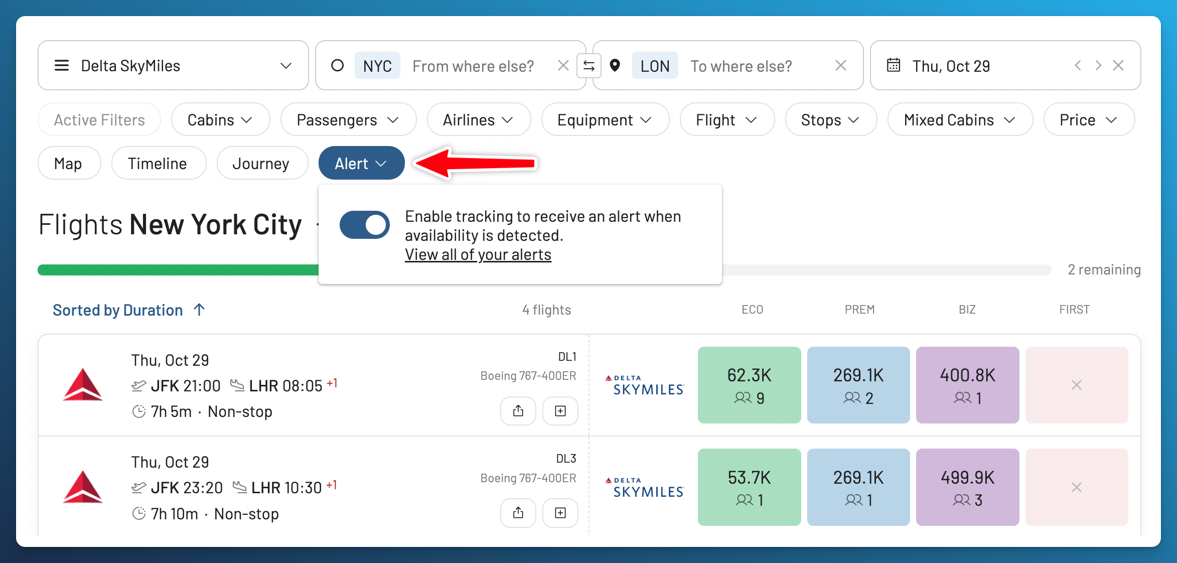 AwardFares Alert dropdown with tracking enabled for a Delta SkyMiles search from New York to London on October 29.