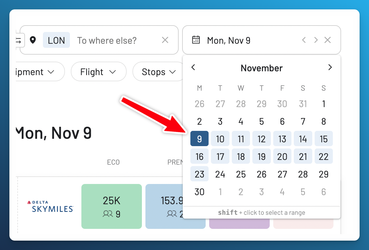AwardFares calendar open with November 9 selected and a hint for selecting a date range.