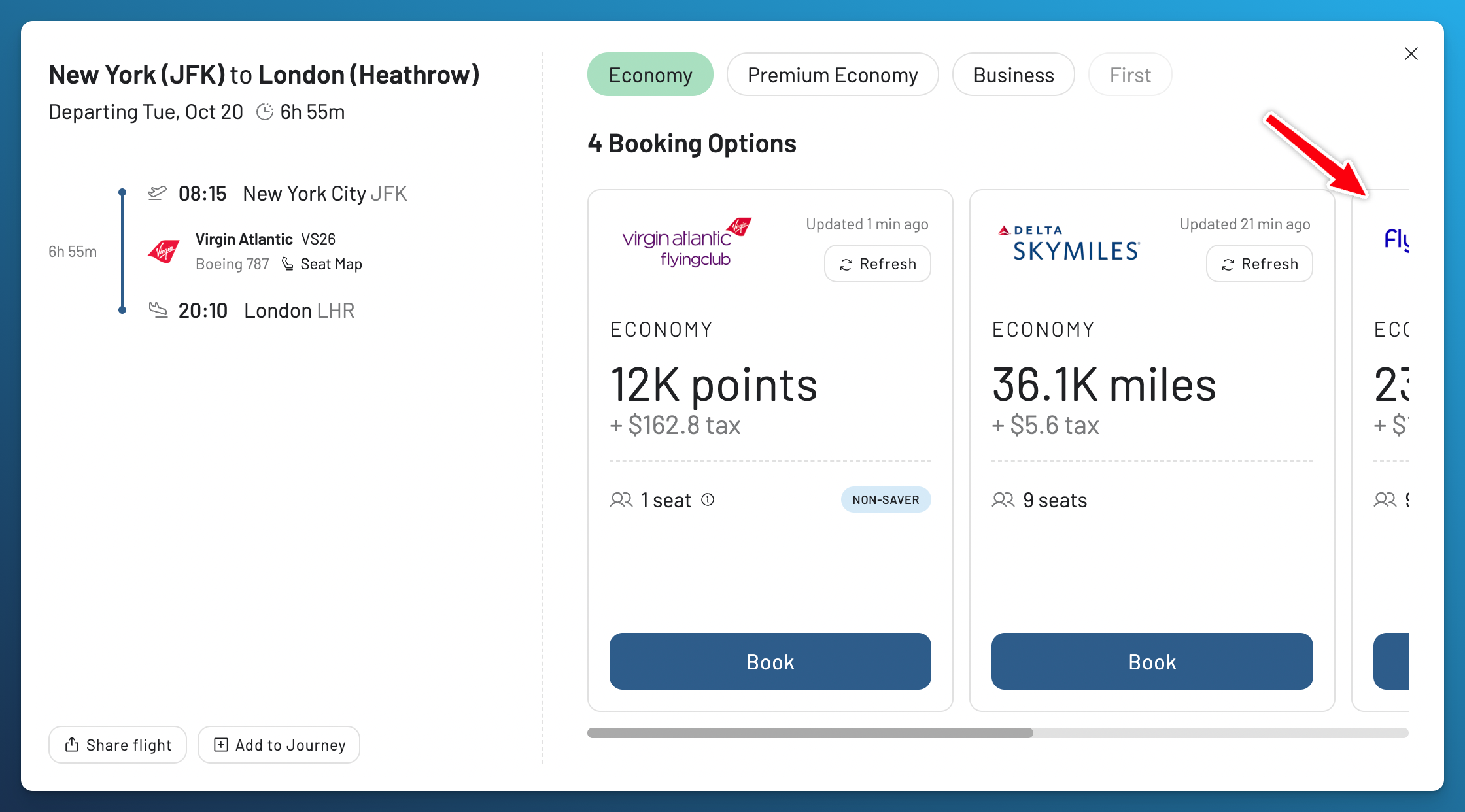 Virgin Atlantic VS26 Economy booking options in Flight Details, showing Virgin Flying Club and Delta SkyMiles prices, cash charges and seat counts.
