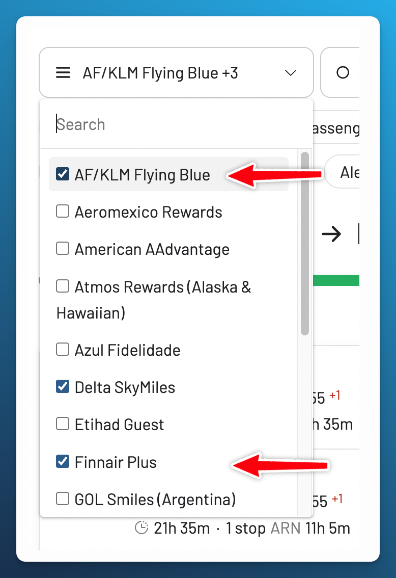 AwardFares program dropdown with Flying Blue, Delta SkyMiles and Finnair Plus checked, and four programs selected in total.