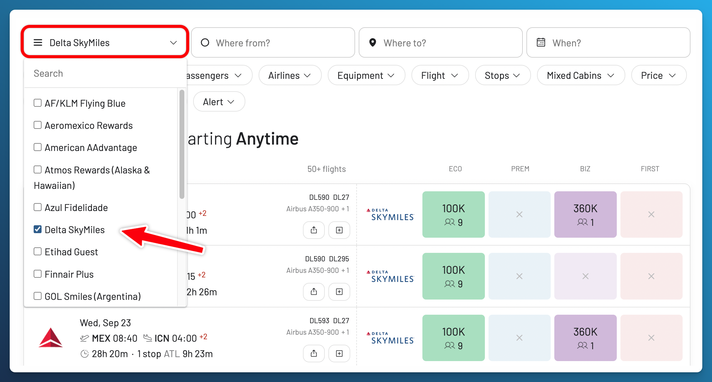 AwardFares loyalty program dropdown with Delta SkyMiles selected.