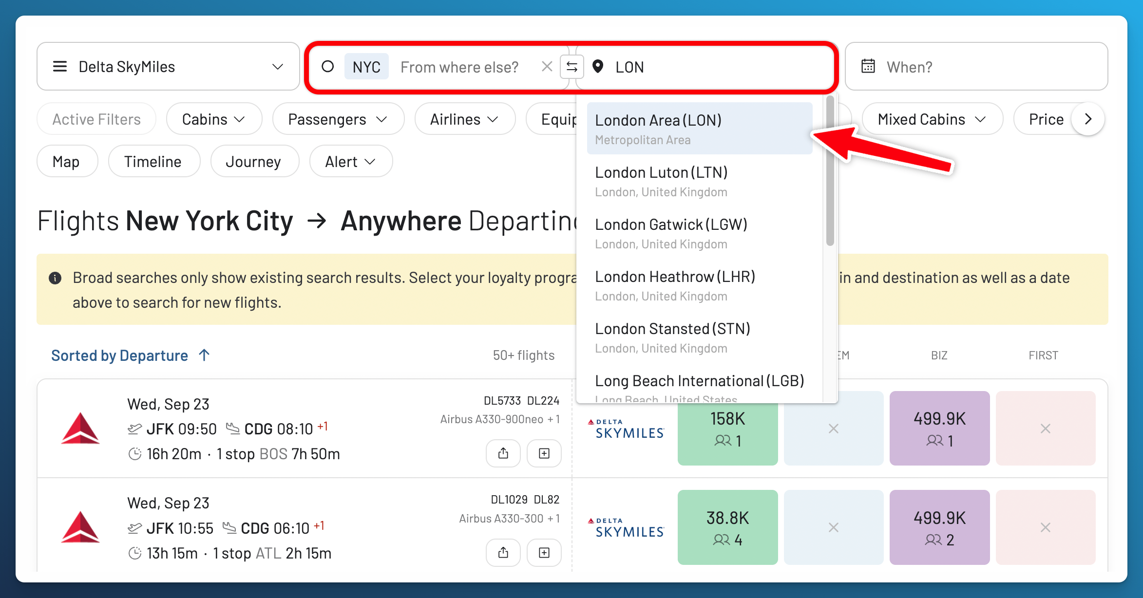 AwardFares destination dropdown showing London Area (LON) and individual London airports, with NYC selected as the departure.