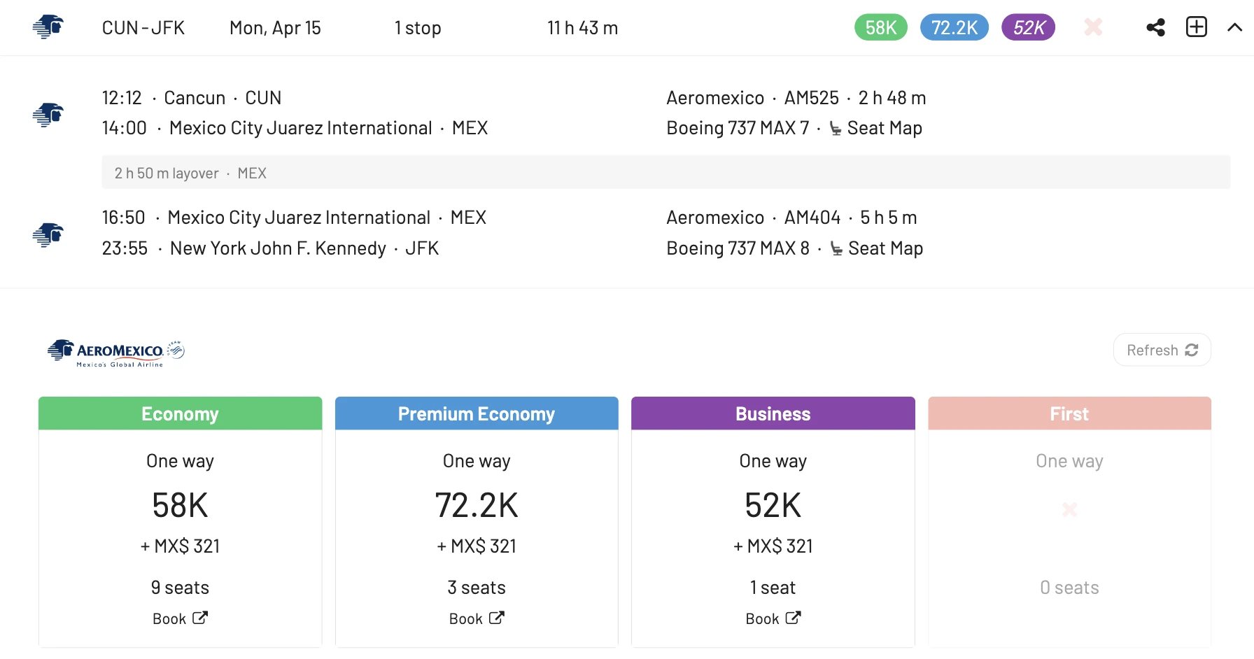 Expand details for a given flights when searching an Aeromexico Rewards award in AwardFares.