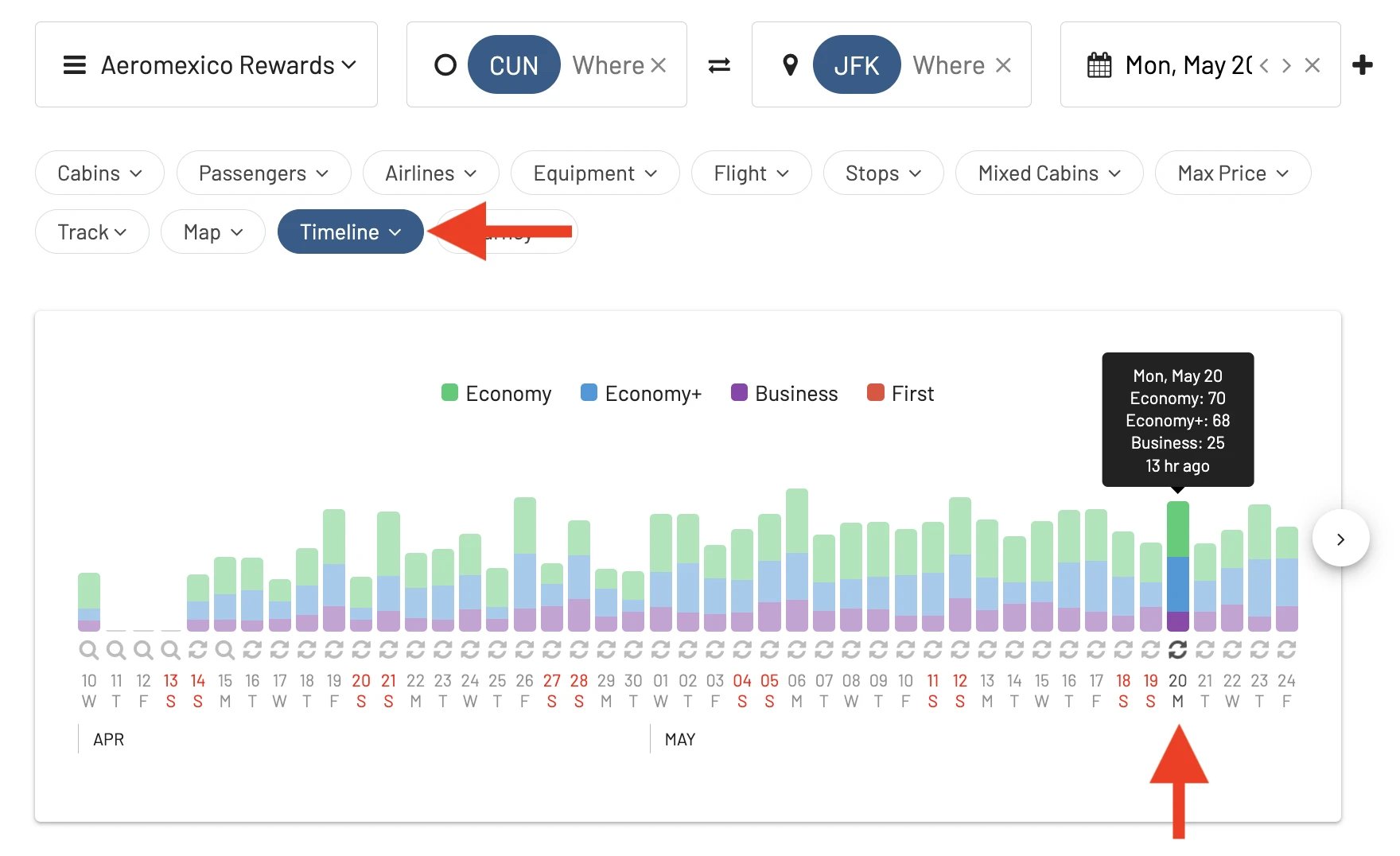 Explore Aeromexico Rewards tickets for different dates in AwardFares.