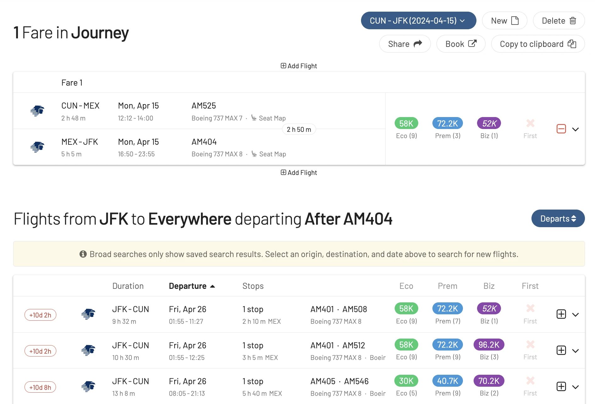 Find round trip Aeromexico Reward Flights using AwardFares.