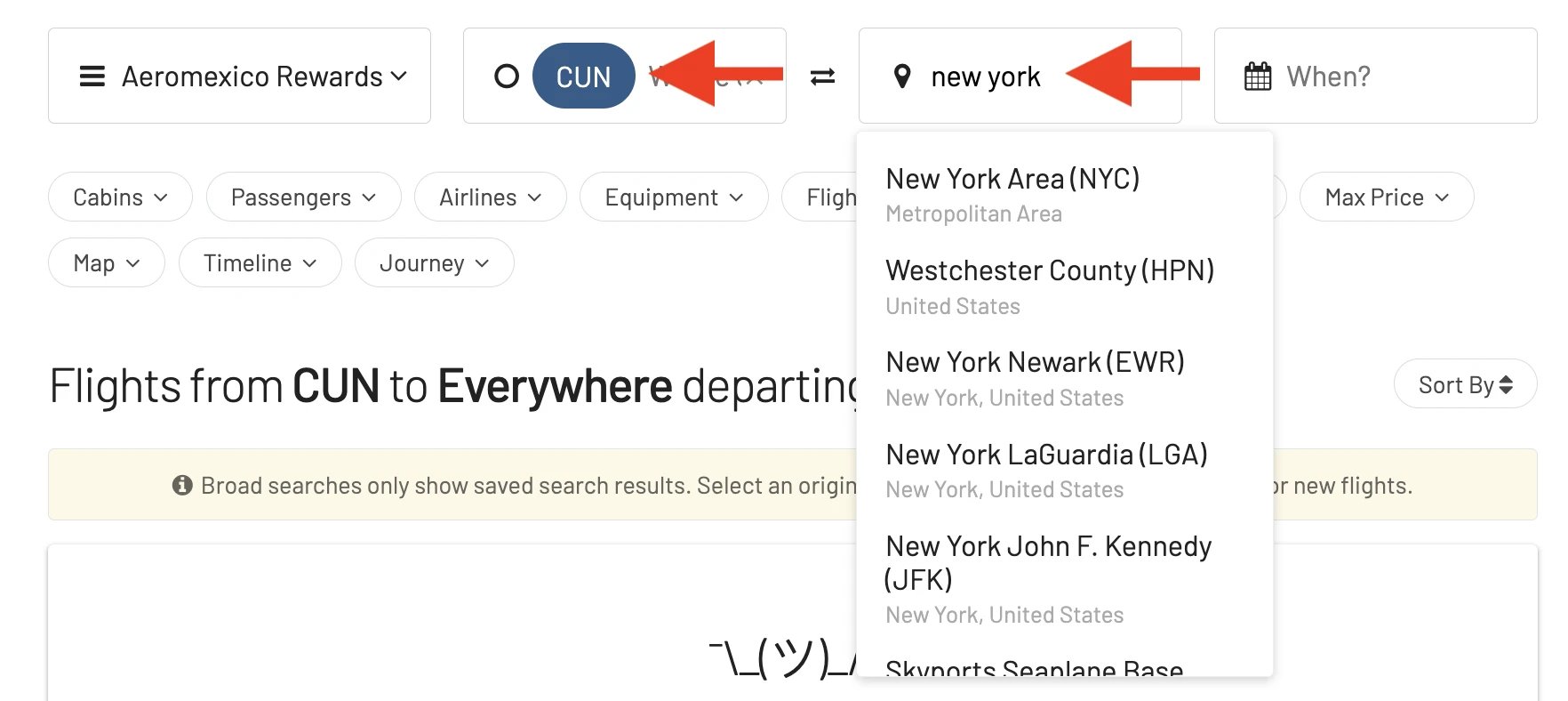 Select a route when searching a Aeromexico Rewards in AwardFares.