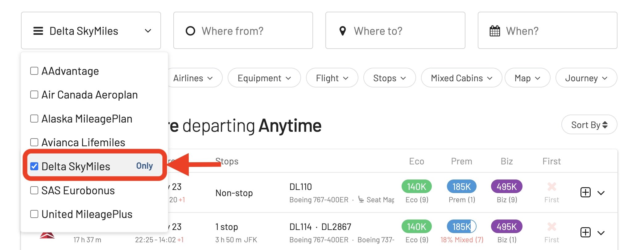 Select Delta SkyMiles in AwardFares.