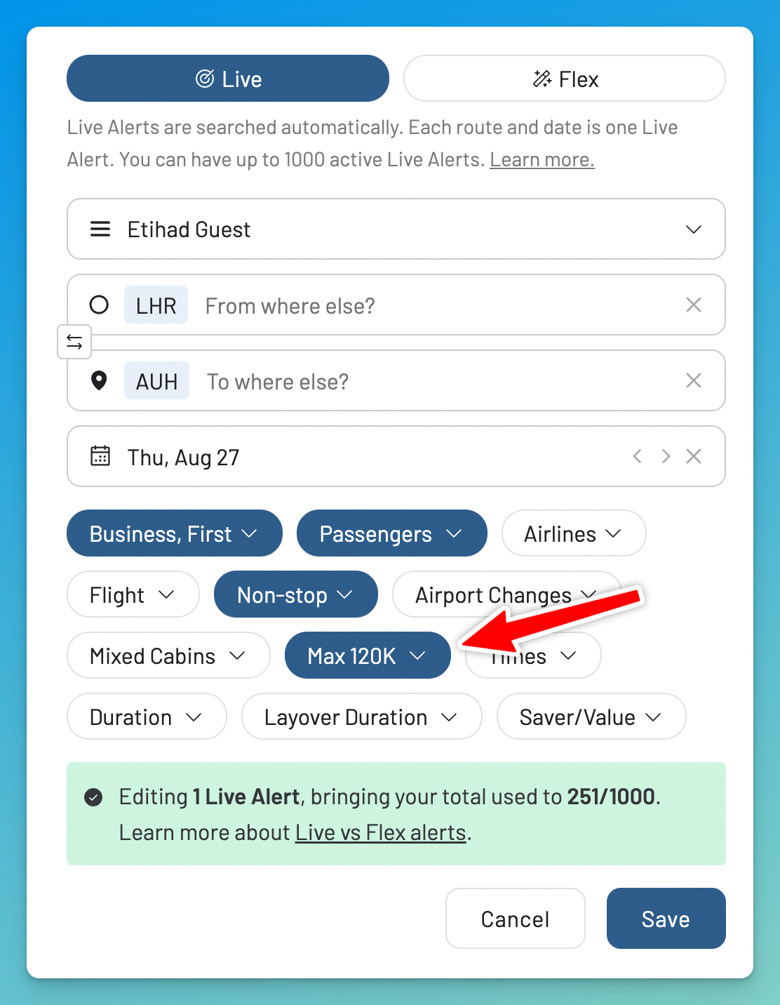 AwardFares Live Alert for Etihad Guest flights from London to Abu Dhabi, filtered to Business and First Class and a maximum of 120,000 miles.