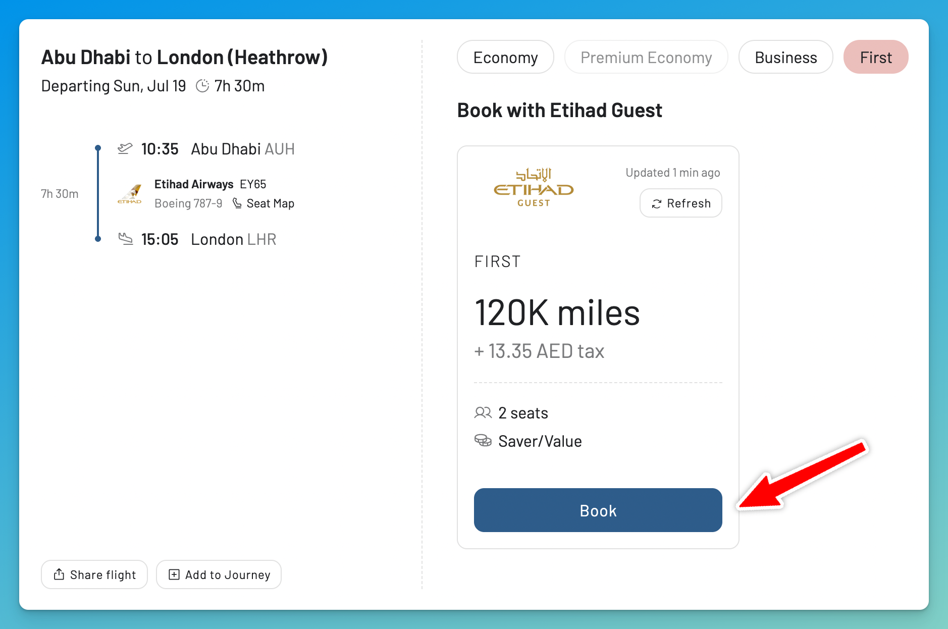 AwardFares booking panel showing two Etihad Guest First Class seats for 120,000 miles each and the Book button.