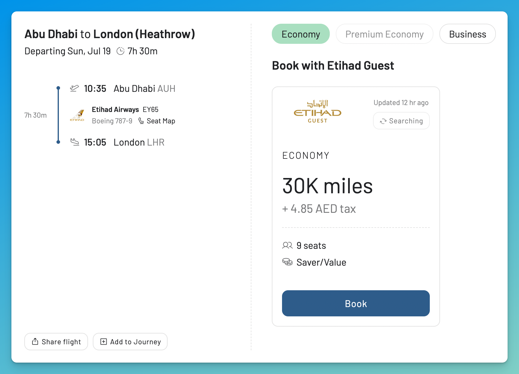 AwardFares flight details for Etihad flight EY65 from Abu Dhabi to London, including 30,000-mile Economy availability.