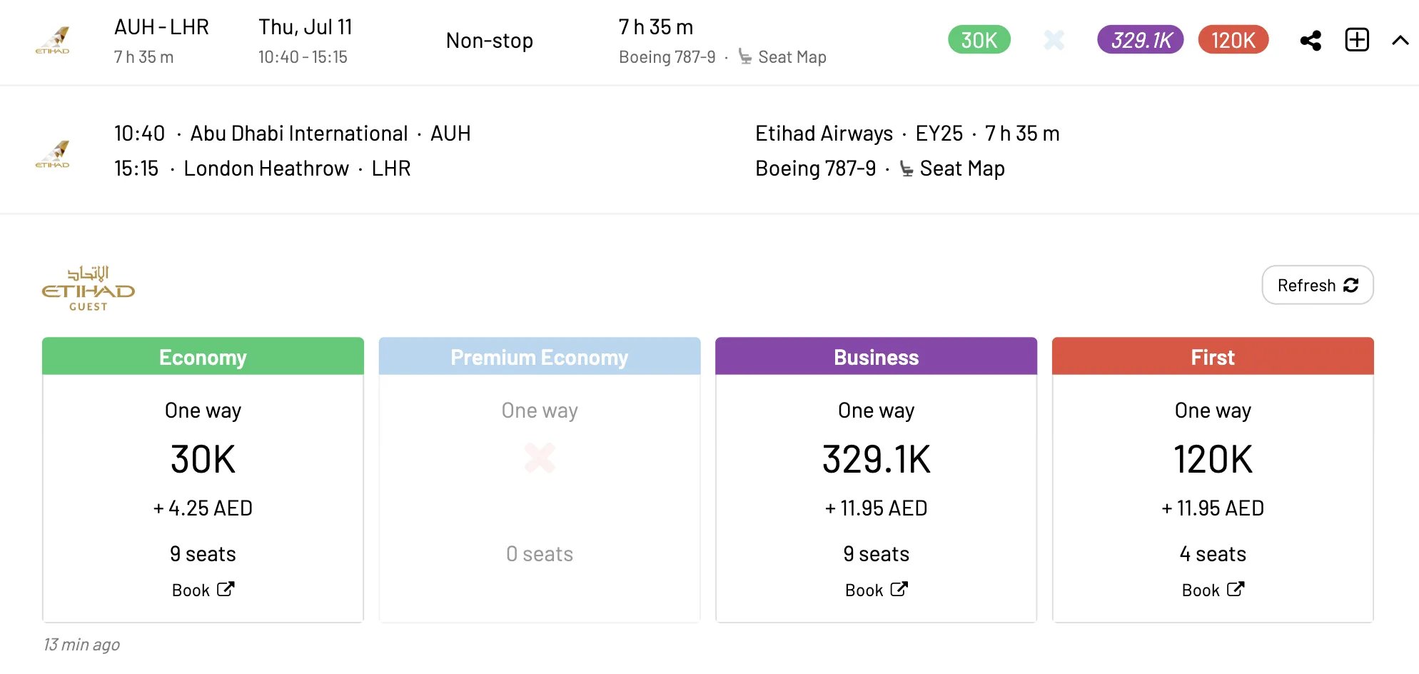 Expand details for a given flights when searching an Etihad Guest Rewards award in AwardFares.